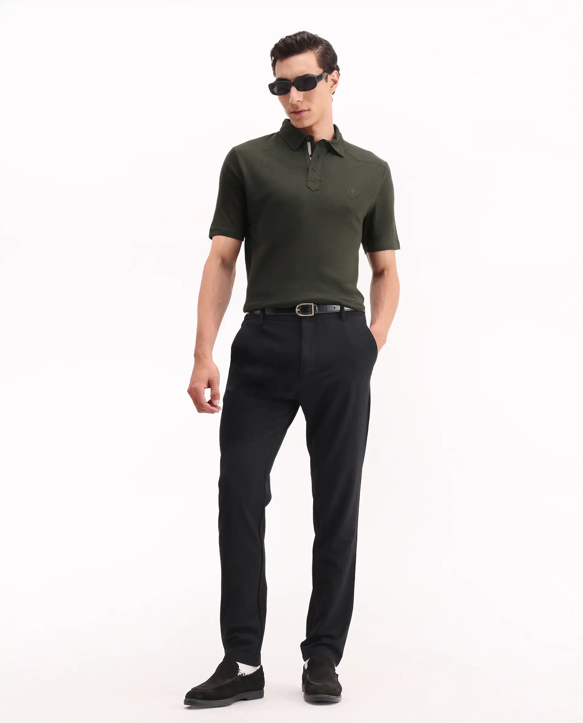 Rare Rabbit Men's Calix Olive Cotton Embroidered Regular Fit Half Sleeve Polo