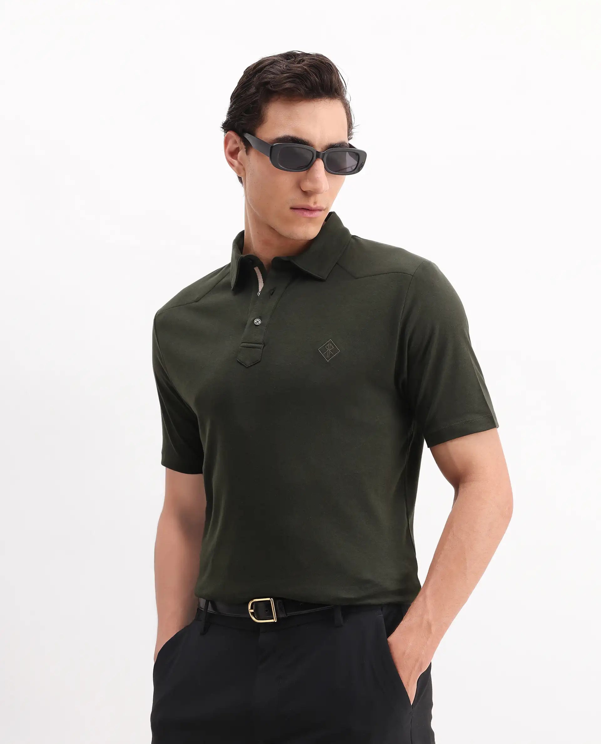 Rare Rabbit Men's Calix Olive Cotton Embroidered Regular Fit Half Sleeve Polo