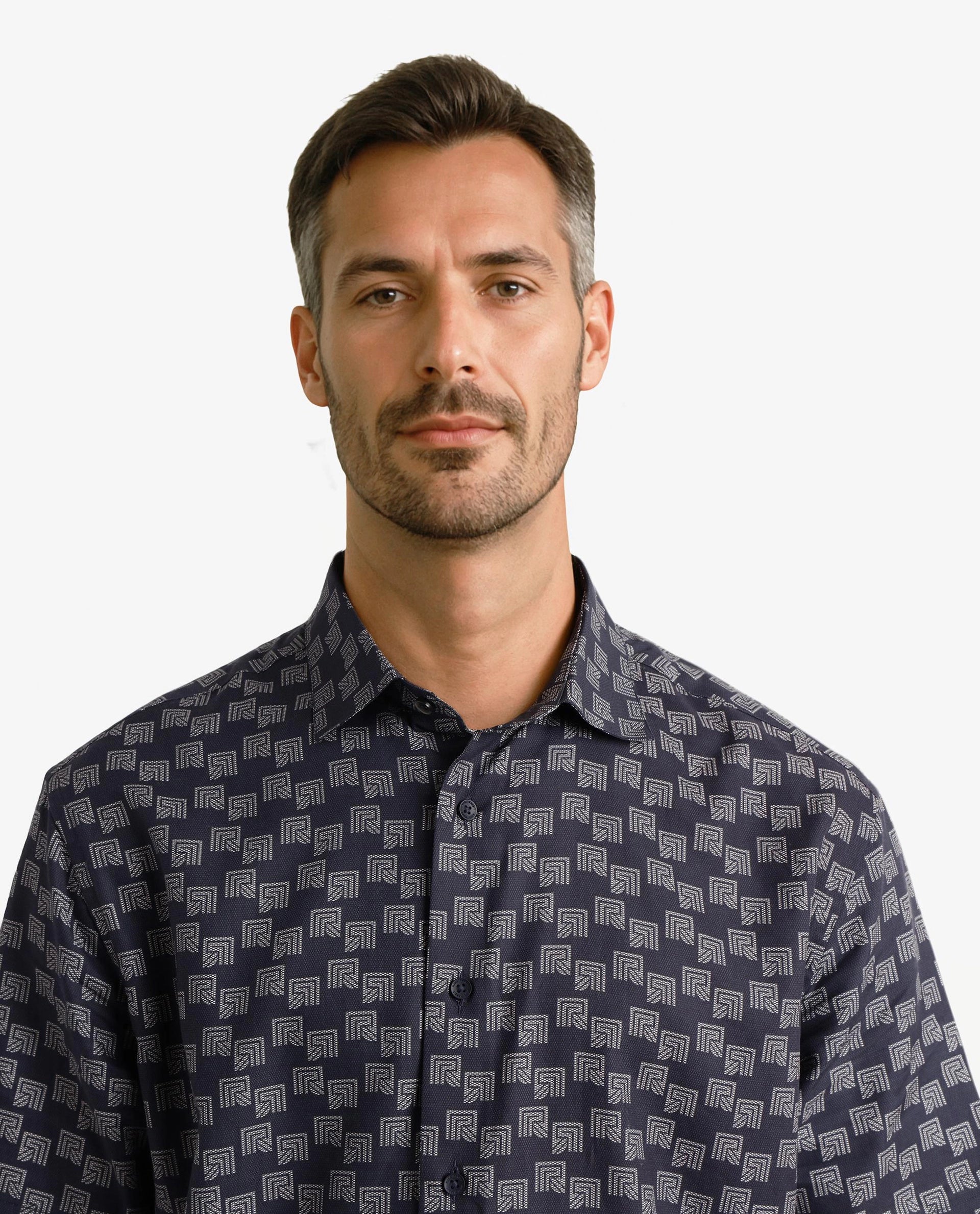 Rare Rabbit Men Calo Navy Short Sleeve Regular Collar Button Closure Boxy Fit Monogram Print Shirt