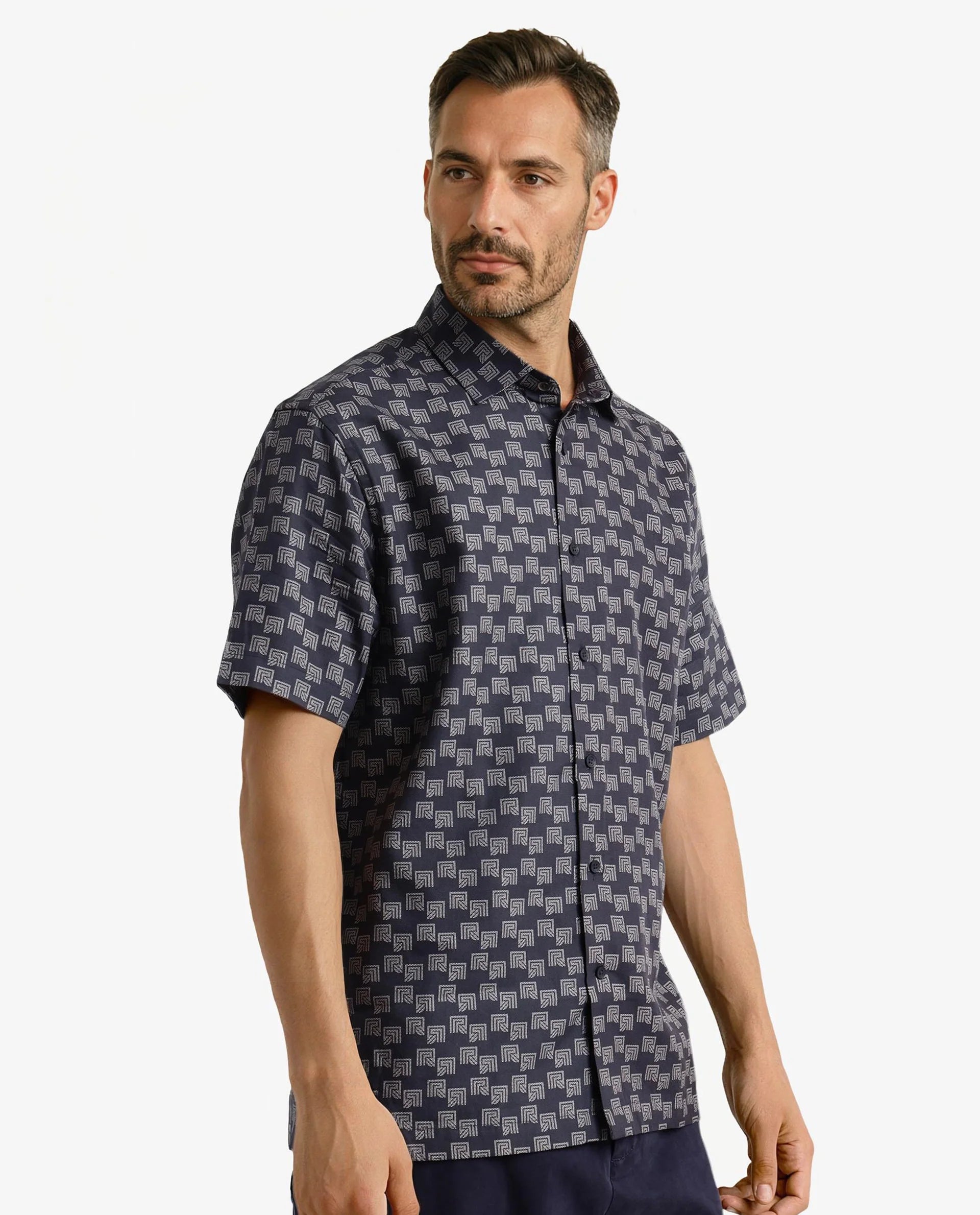 Rare Rabbit Men Calo Navy Short Sleeve Regular Collar Button Closure Boxy Fit Monogram Print Shirt