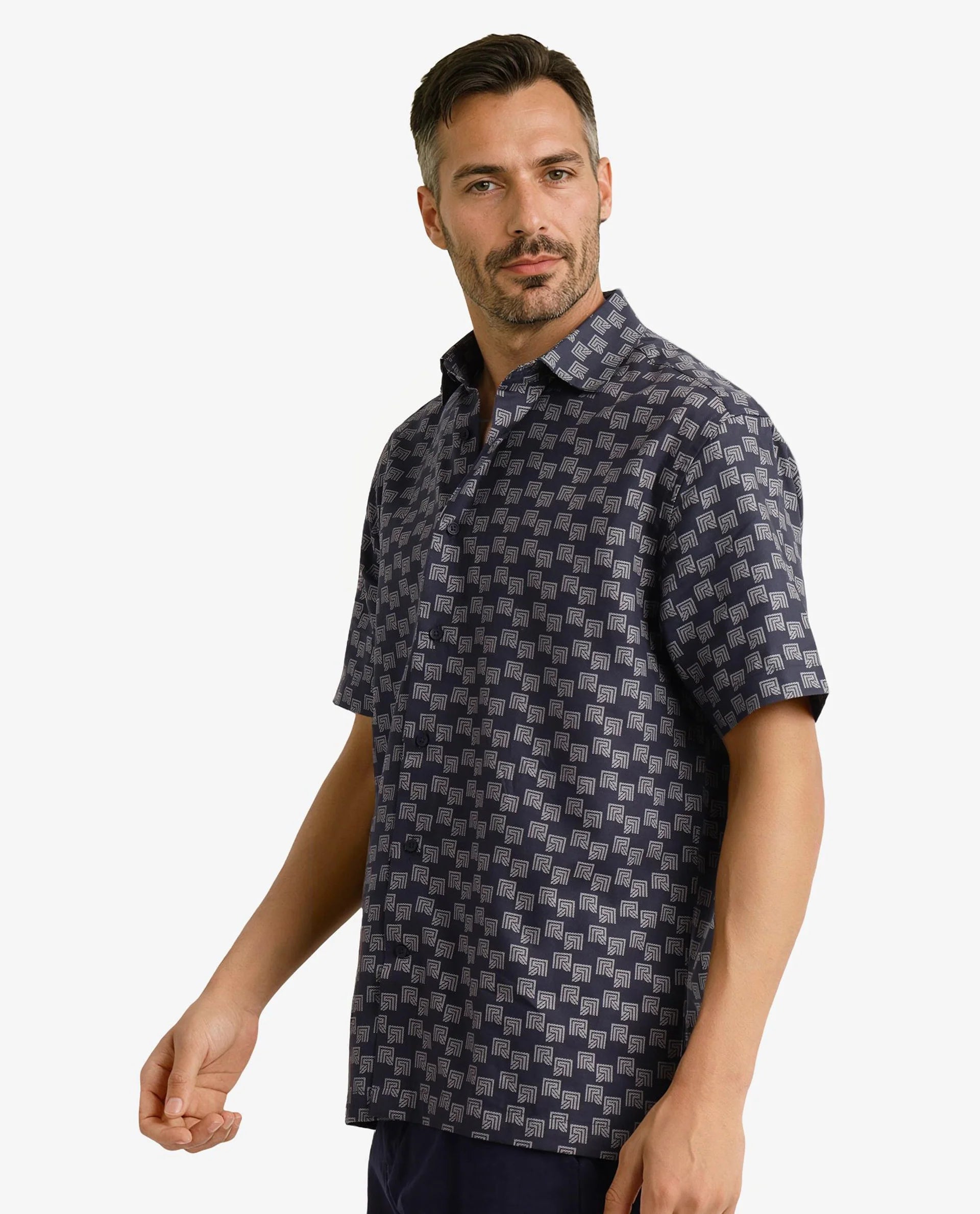 Rare Rabbit Men Calo Navy Short Sleeve Regular Collar Button Closure Boxy Fit Monogram Print Shirt