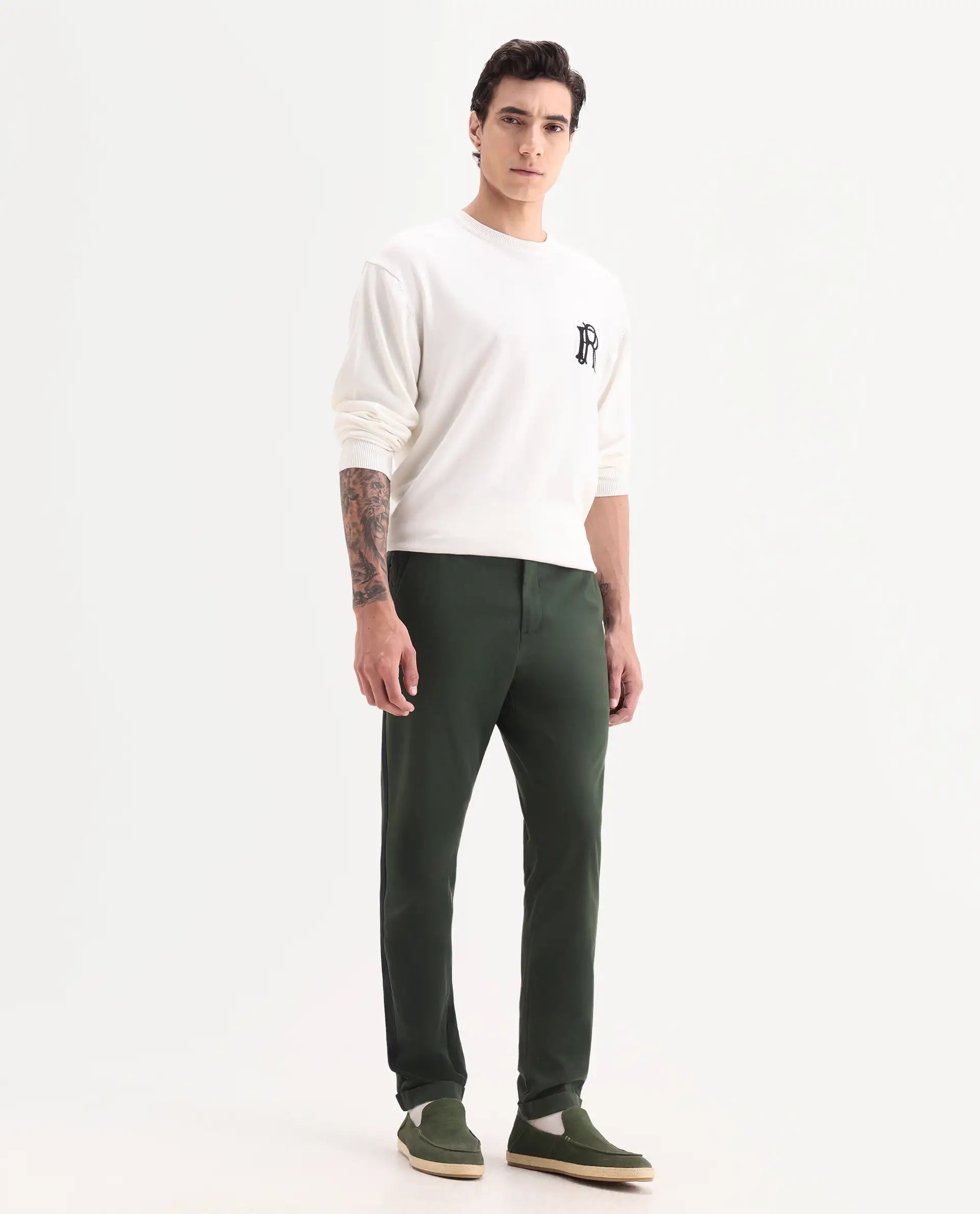Rare Rabbit Men's Caloon Green Cotton Blend Plain Regular Fit Trouser