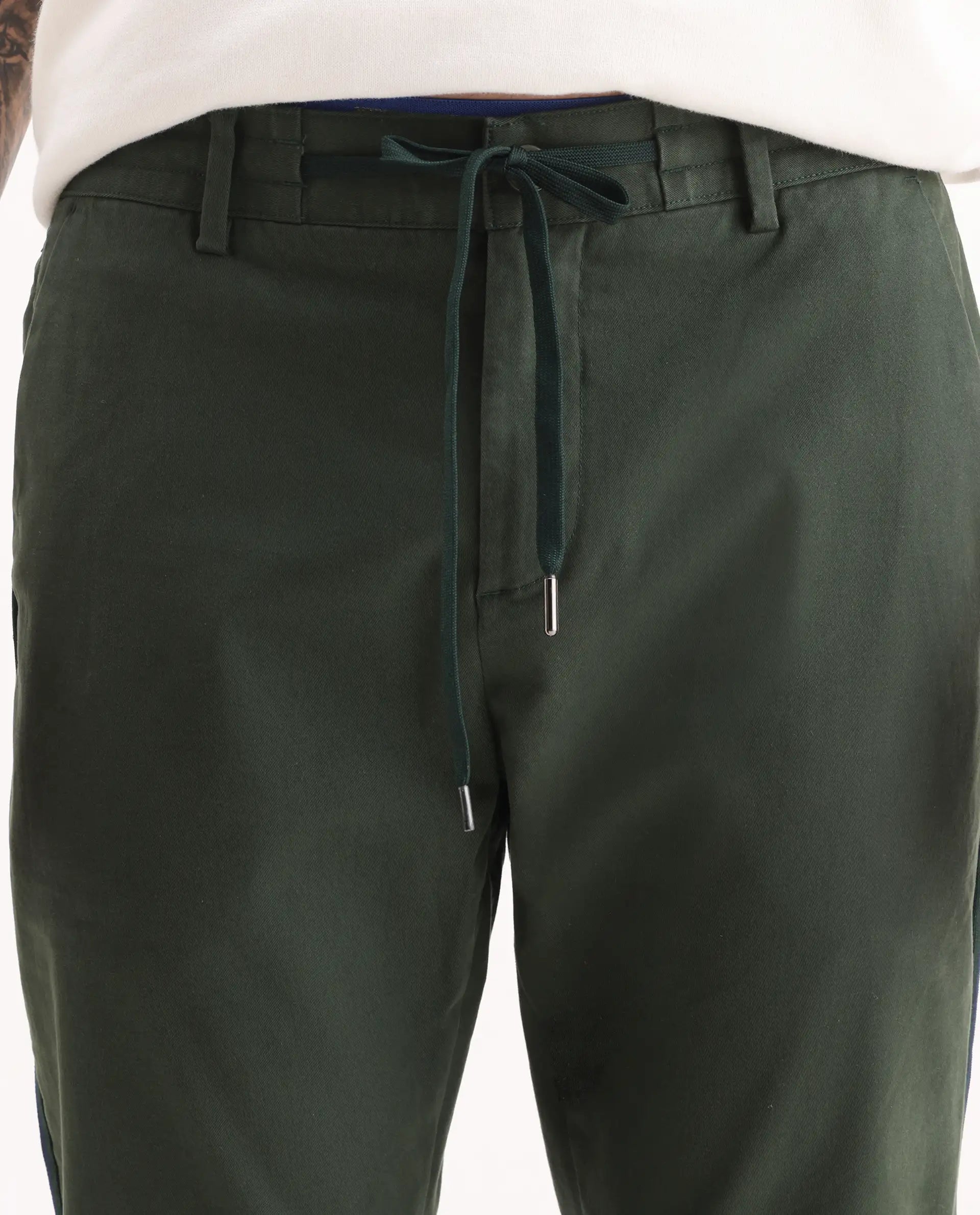 Rare Rabbit Men's Caloon Green Cotton Blend Plain Regular Fit Trouser