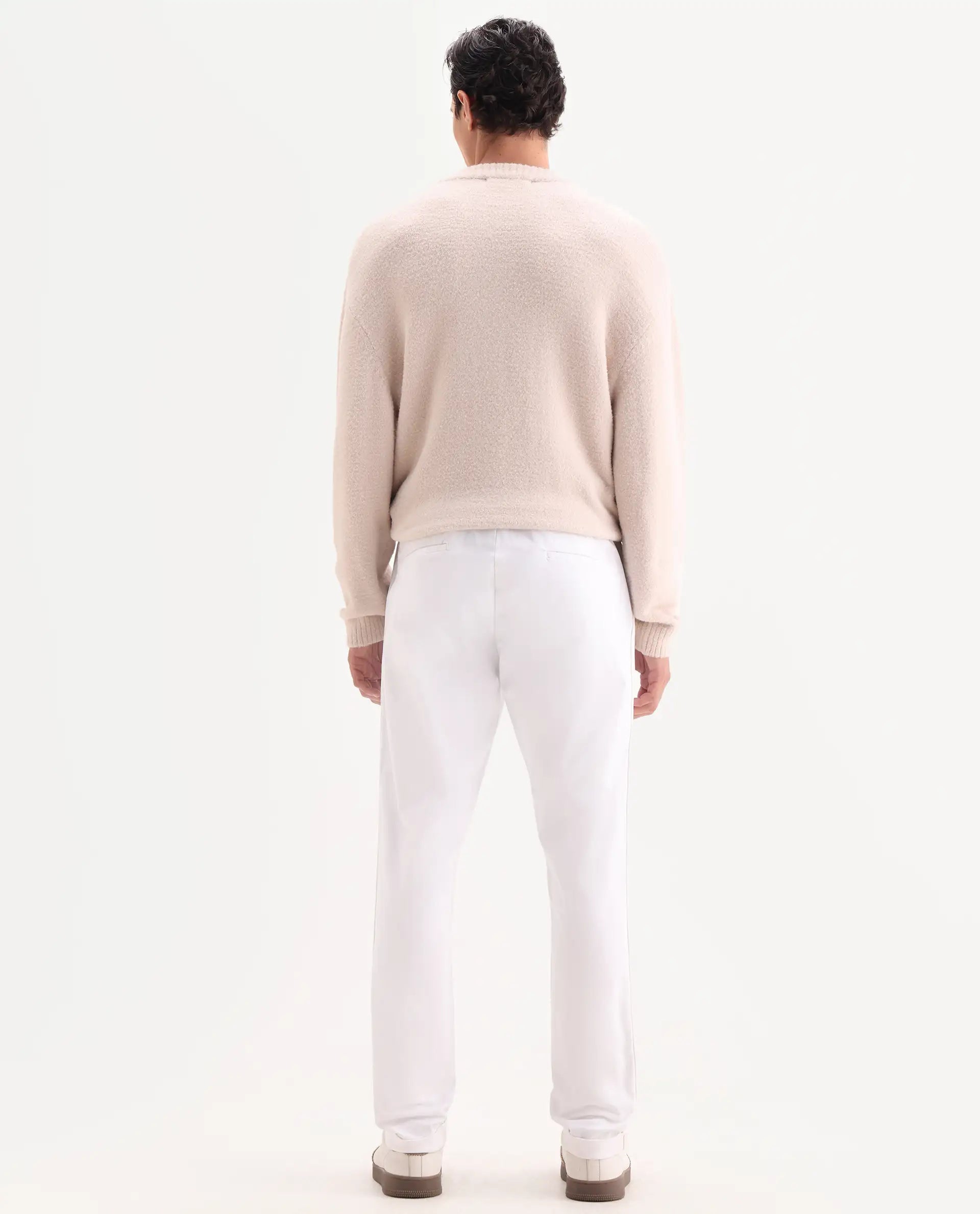 Rare Rabbit Men's Caloon White Cotton Blend Plain Regular Fit Trouser