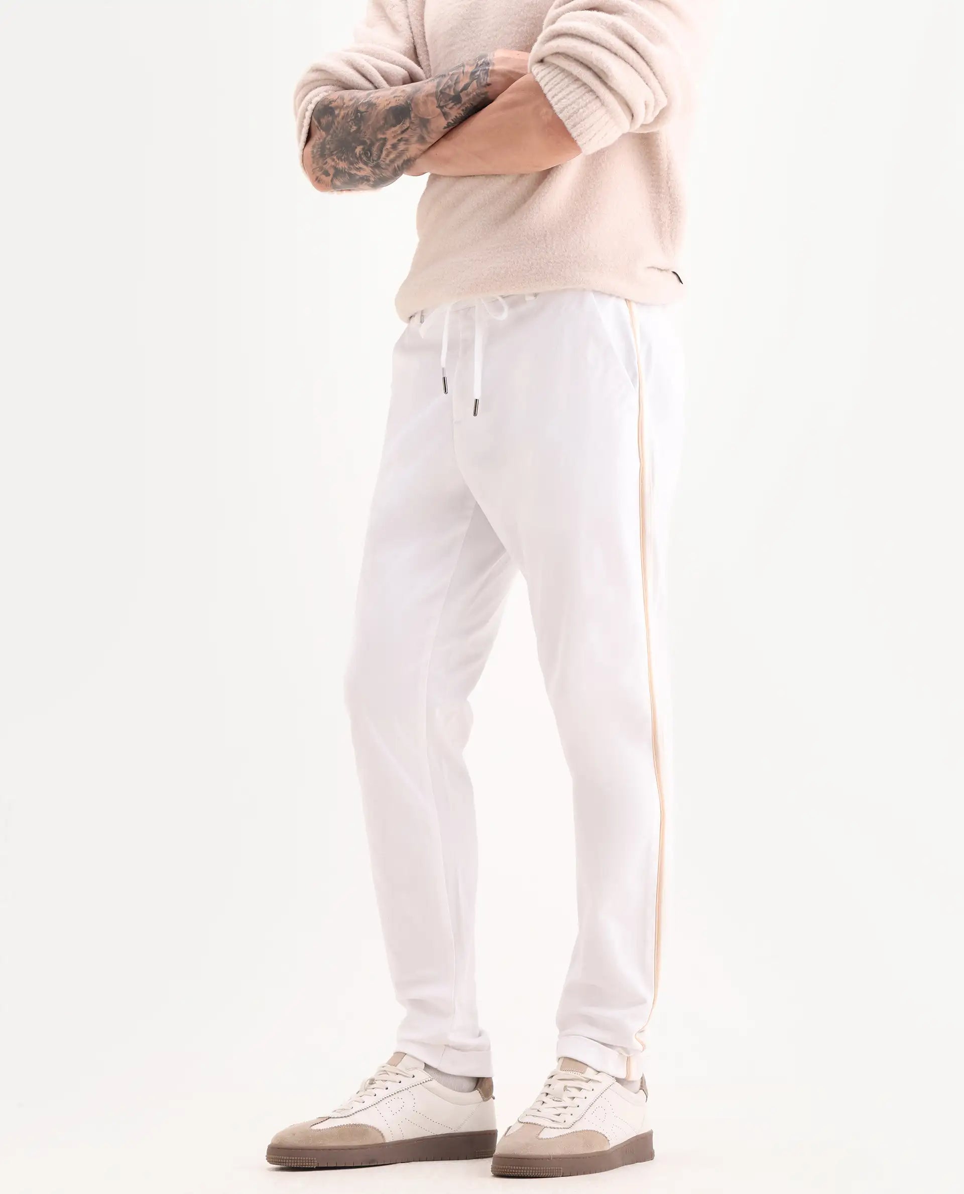 Rare Rabbit Men's Caloon White Cotton Blend Plain Regular Fit Trouser