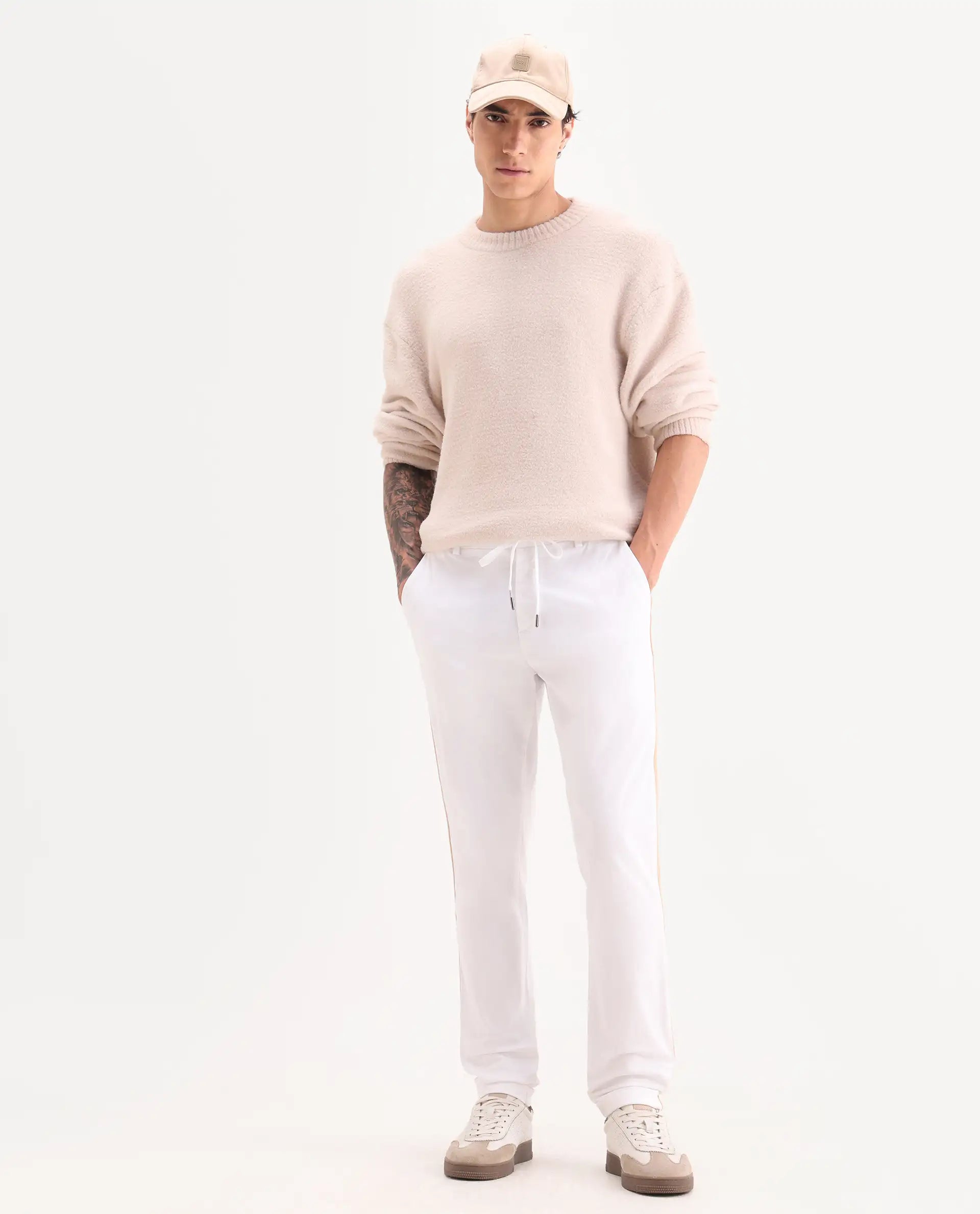 Rare Rabbit Men's Caloon White Cotton Blend Plain Regular Fit Trouser