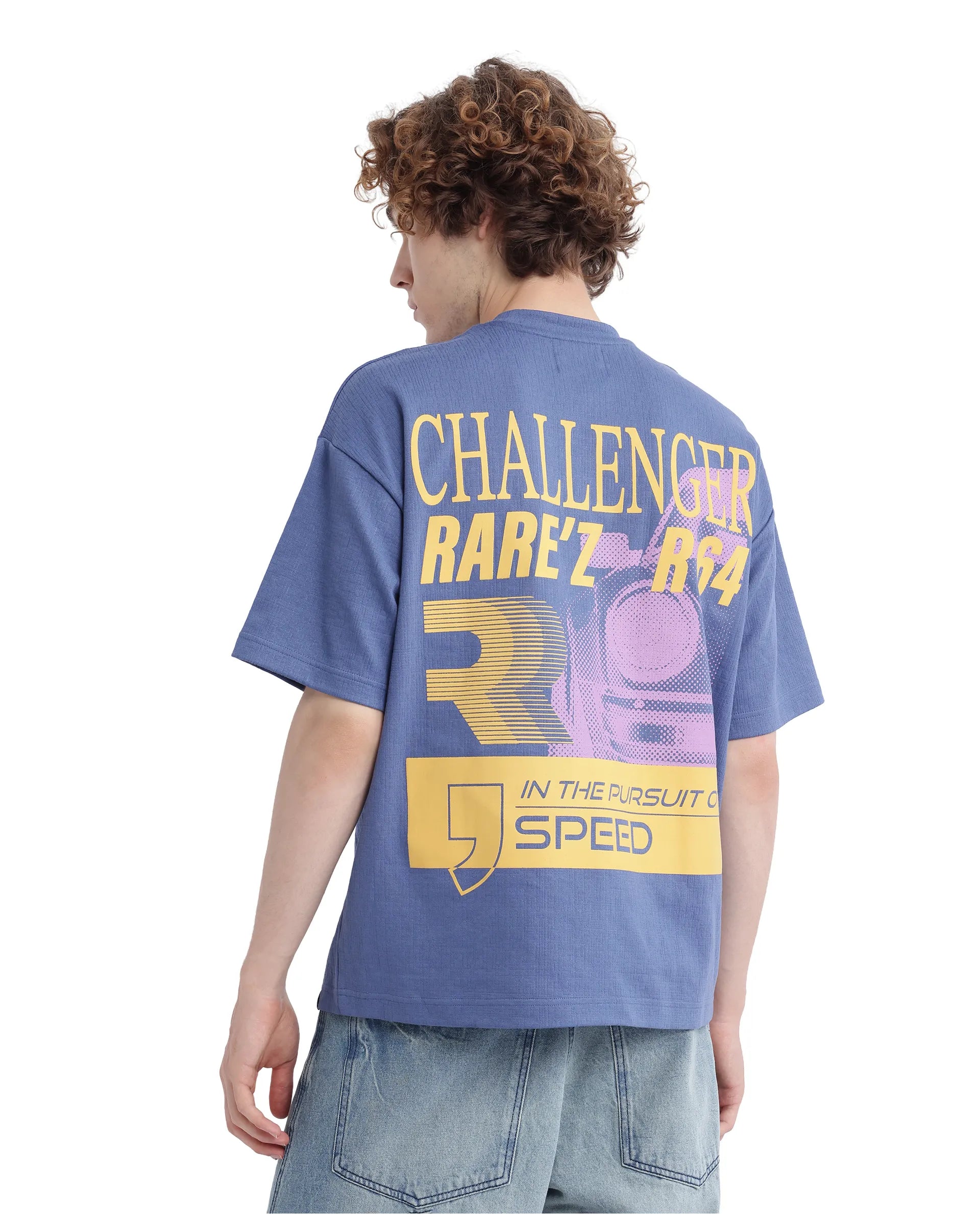 Rare Rabbit Men Calro Dusky Blue Cotton Poly Fabric Short Sleeve Crew Neck Oversized Fit Graphic Typography Print T-Shirt