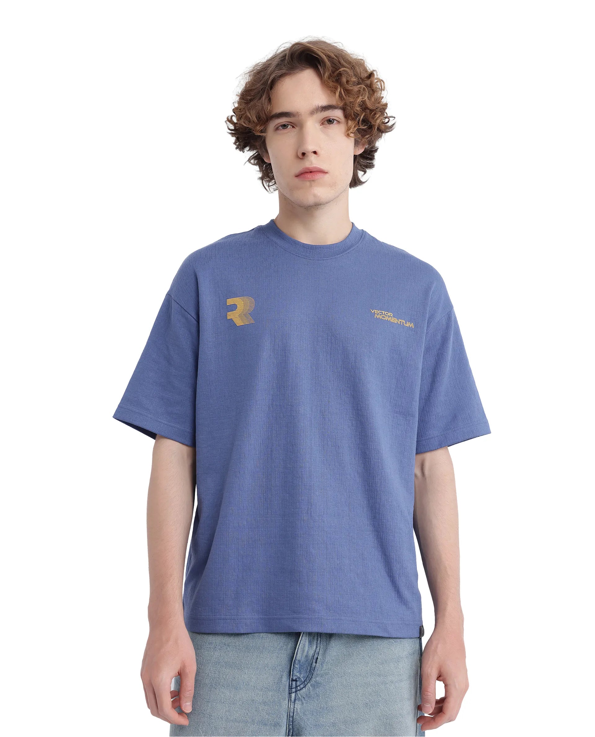 Rare Rabbit Men Calro Dusky Blue Cotton Poly Fabric Short Sleeve Crew Neck Oversized Fit Graphic Typography Print T-Shirt