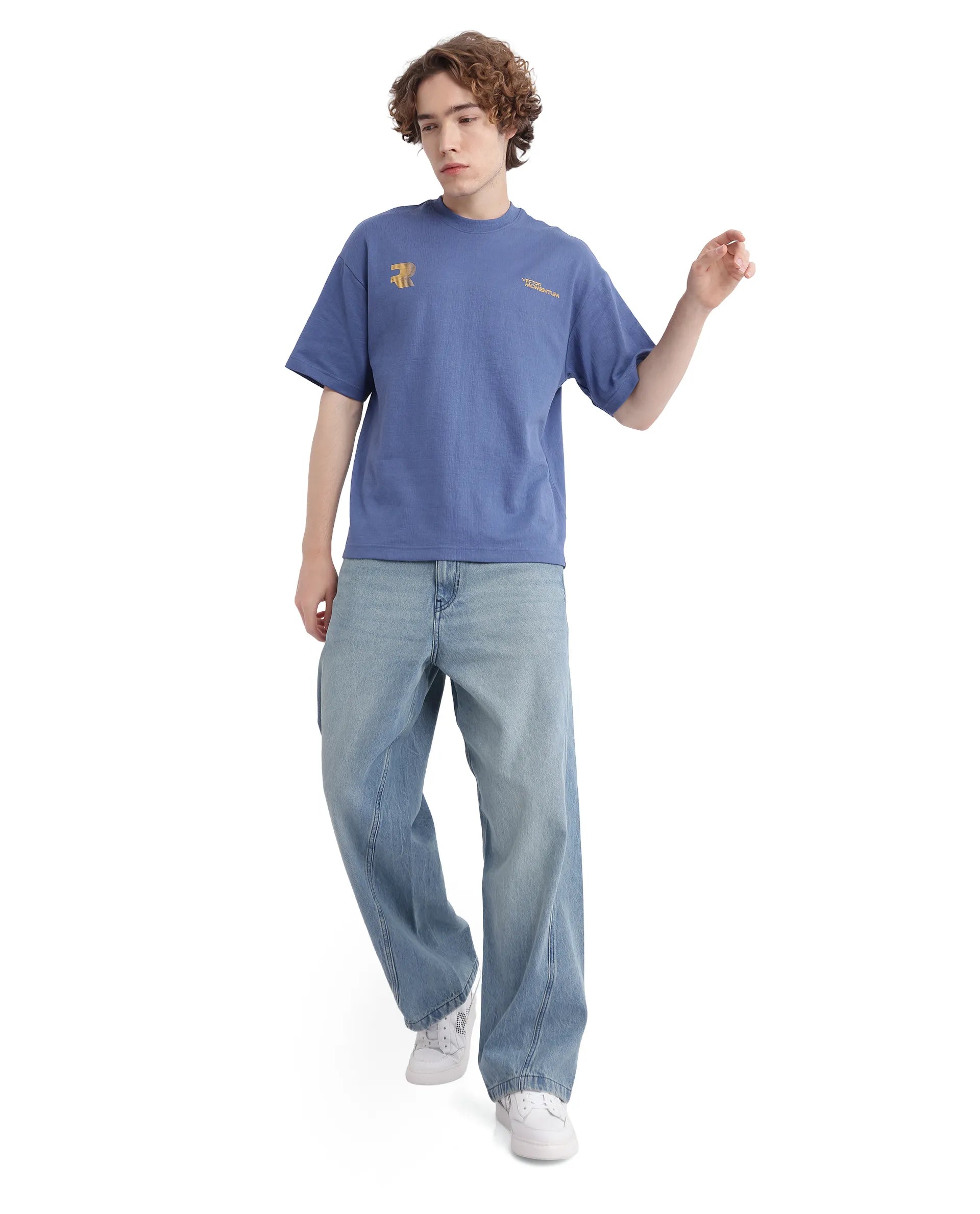 Rare Rabbit Men Calro Dusky Blue Cotton Poly Fabric Short Sleeve Crew Neck Oversized Fit Graphic Typography Print T-Shirt