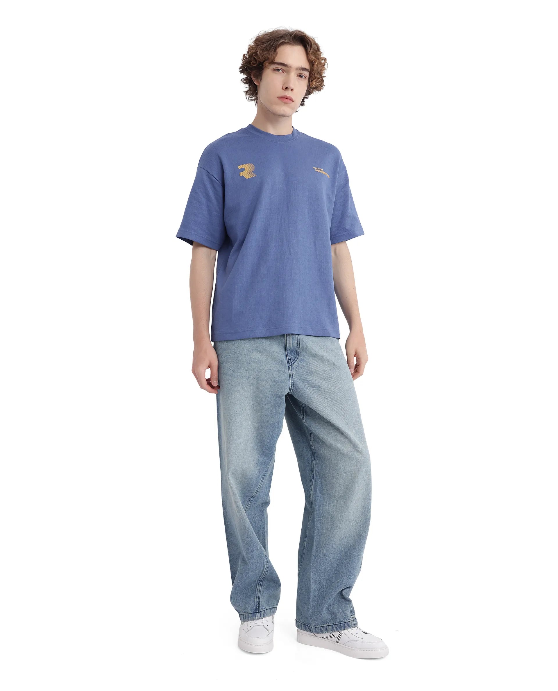 Rare Rabbit Men Calro Dusky Blue Cotton Poly Fabric Short Sleeve Crew Neck Oversized Fit Graphic Typography Print T-Shirt