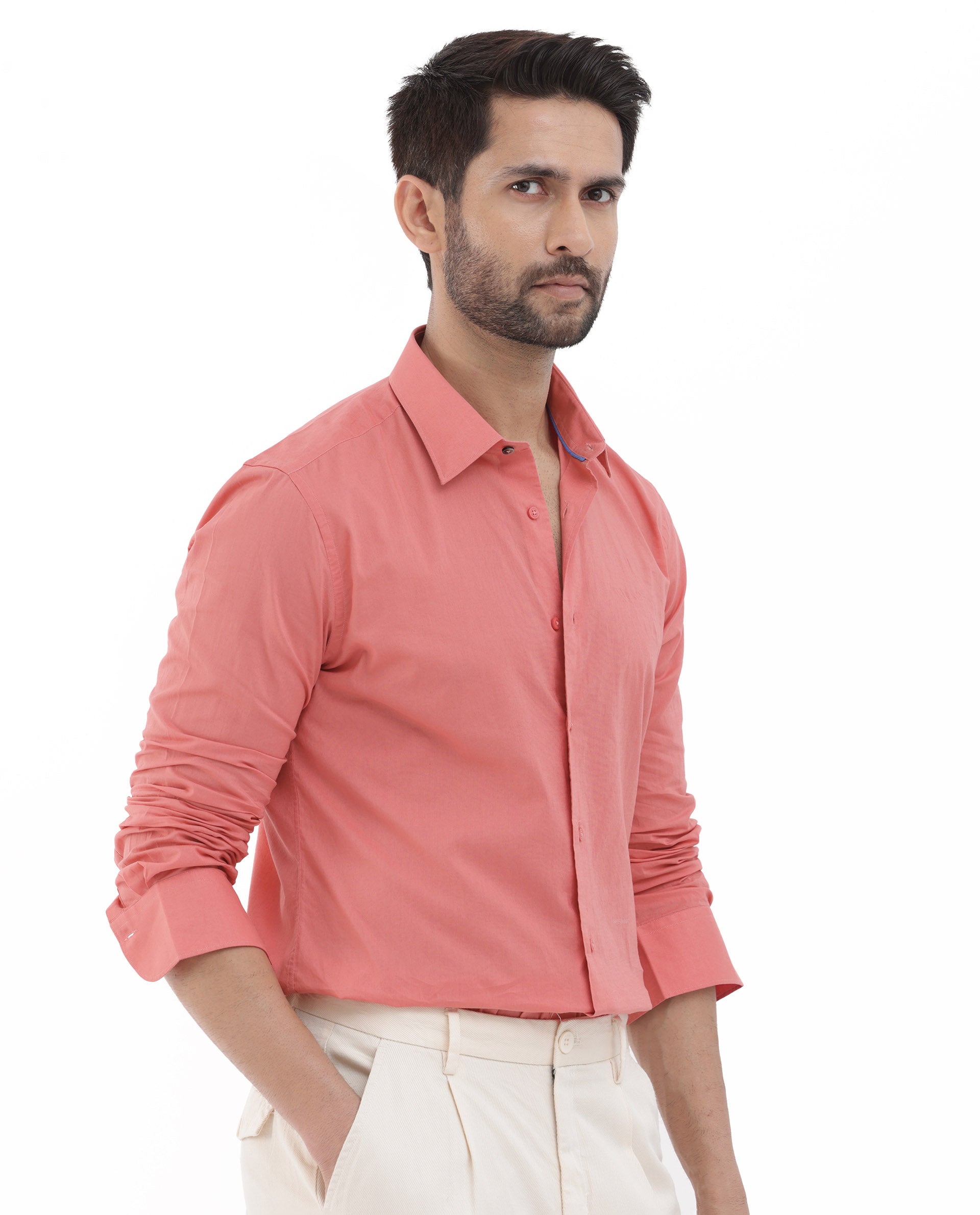 Rare Rabbit Men's Cambo Fluorescent Pink Cambric Fabric Full Sleeves Solid Shirt
