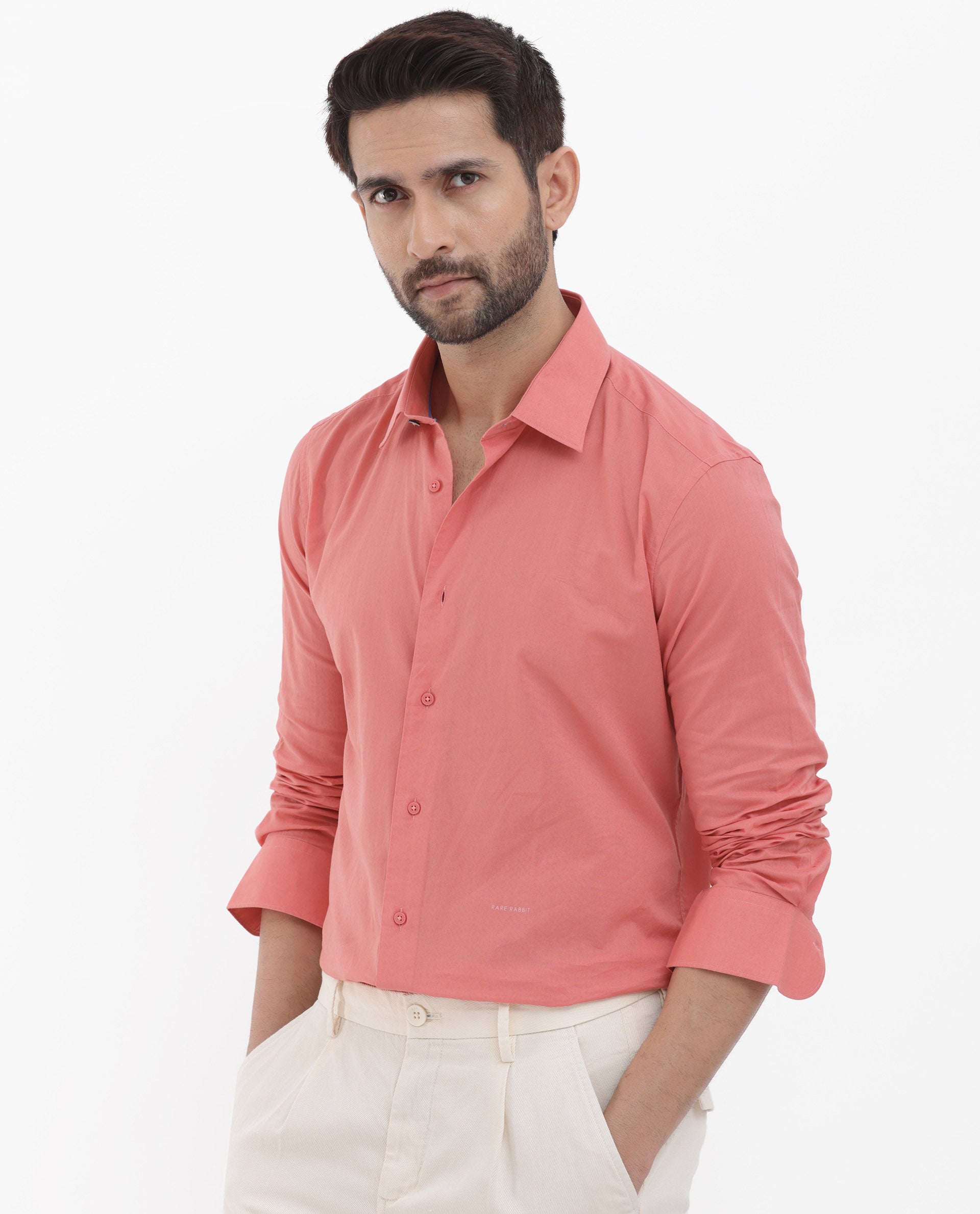 Rare Rabbit Men's Cambo Fluorescent Pink Cambric Fabric Full Sleeves Solid Shirt