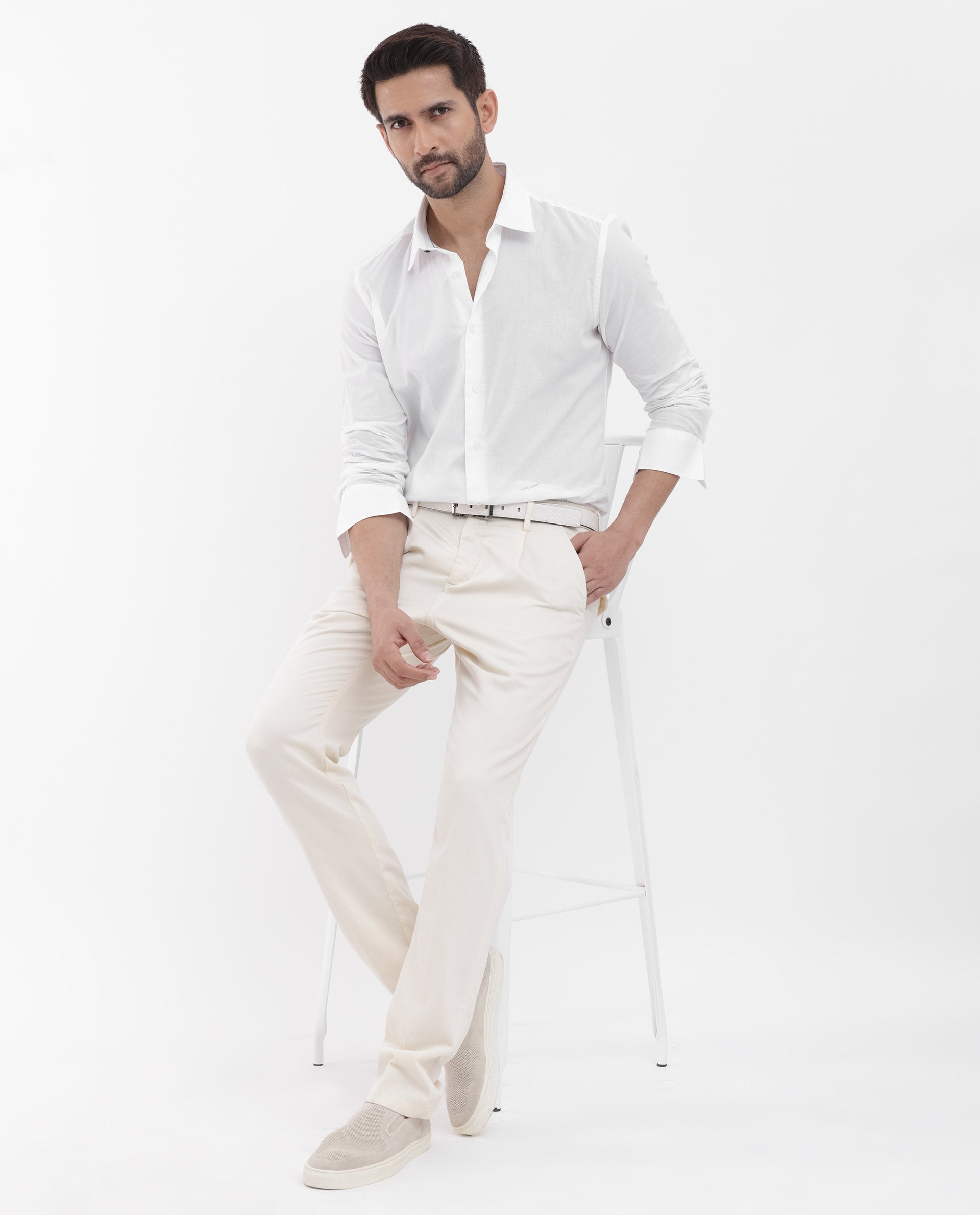 Rare Rabbit Mens Cambo White Cambric Fabric Full Sleeve Solid Shirt