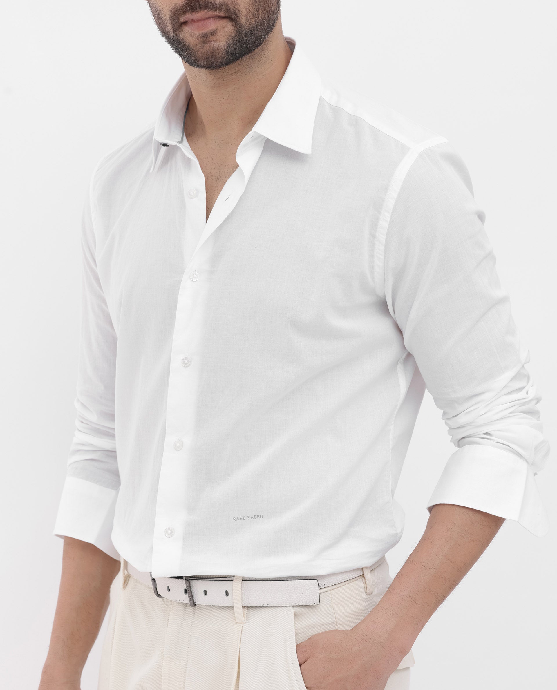 Rare Rabbit Mens Cambo White Cambric Fabric Full Sleeve Solid Shirt