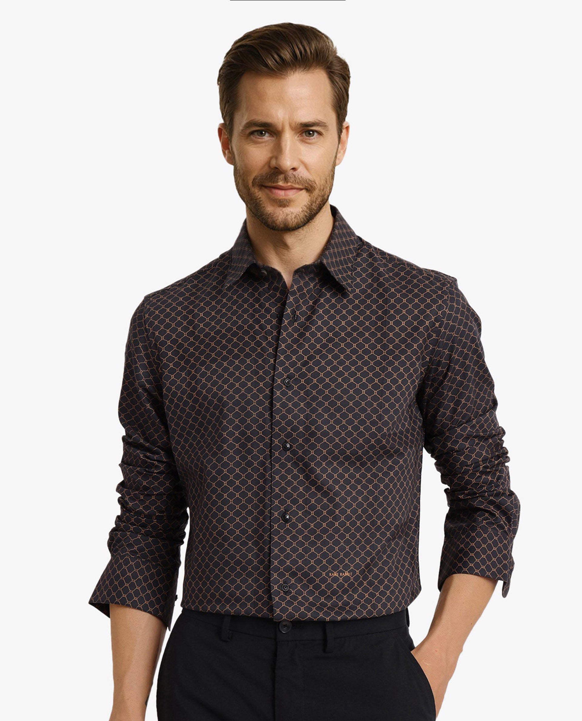 Rare Rabbit Men Camden Black Cotton Viscose Fabric Full Sleeve Regular Fit Geometric Print Shirt
