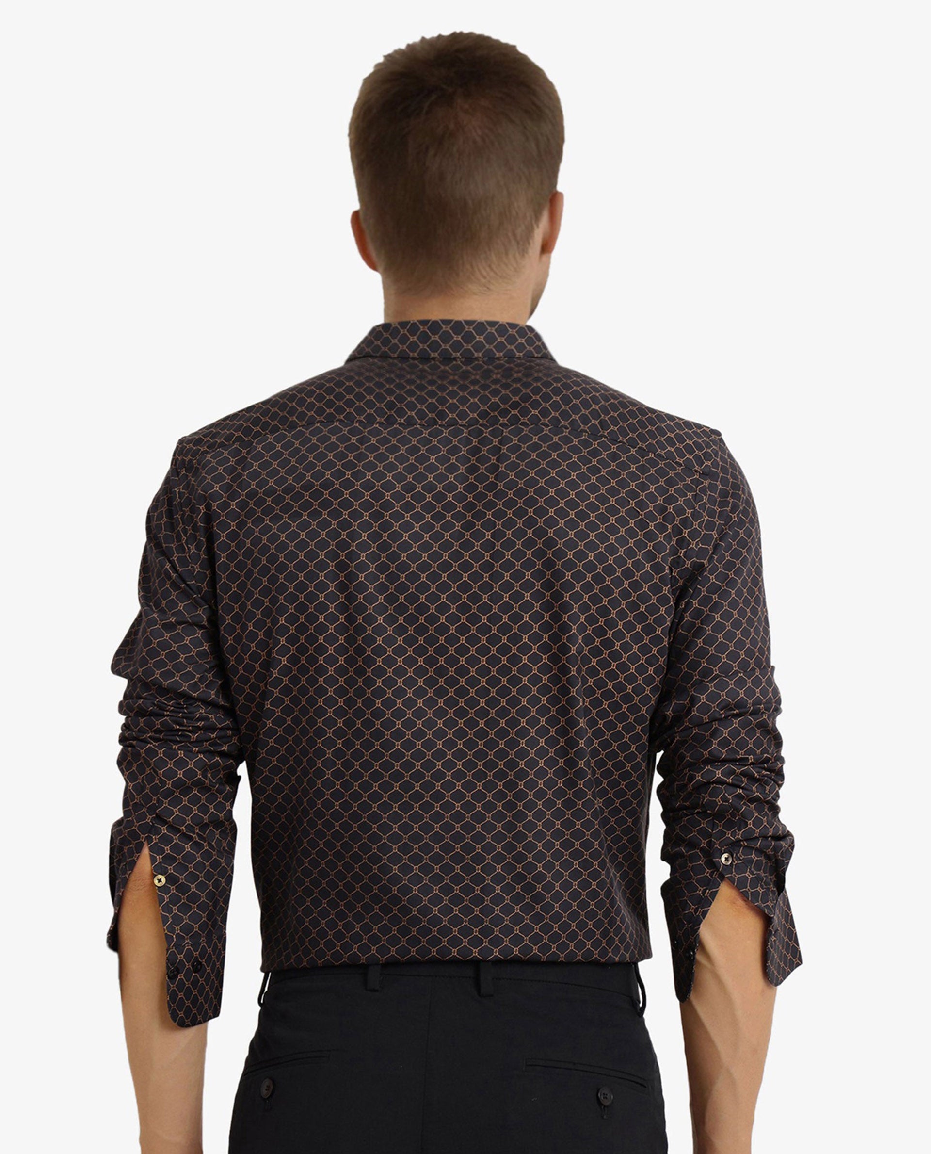 Rare Rabbit Men Camden Black Cotton Viscose Fabric Full Sleeve Regular Fit Geometric Print Shirt