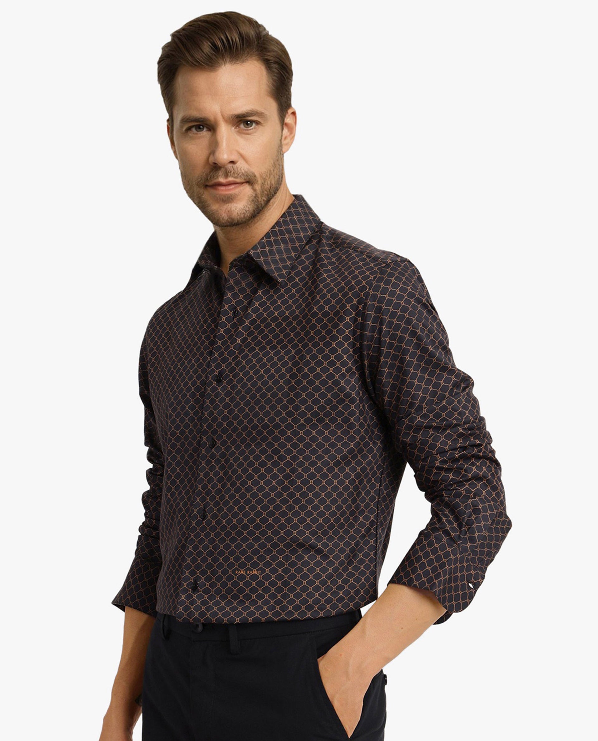 Rare Rabbit Men Camden Black Cotton Viscose Fabric Full Sleeve Regular Fit Geometric Print Shirt