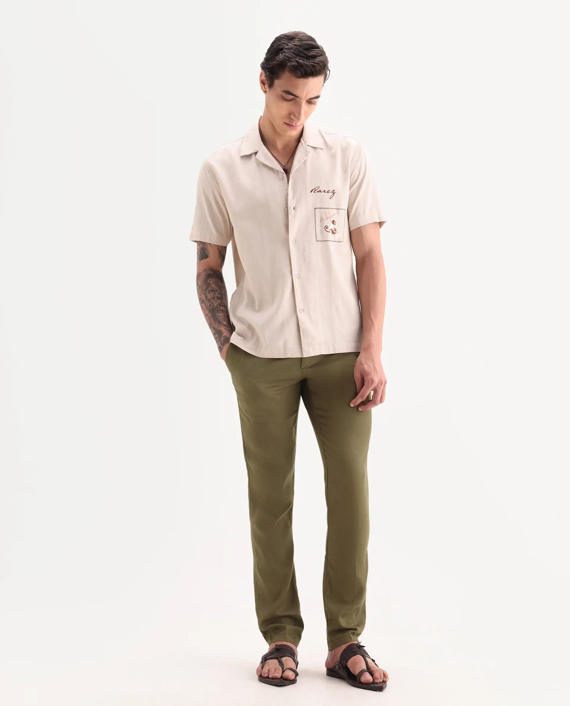 Rare Rabbit Men's Cameo Olive Linen Plain Regular Fit Trouser