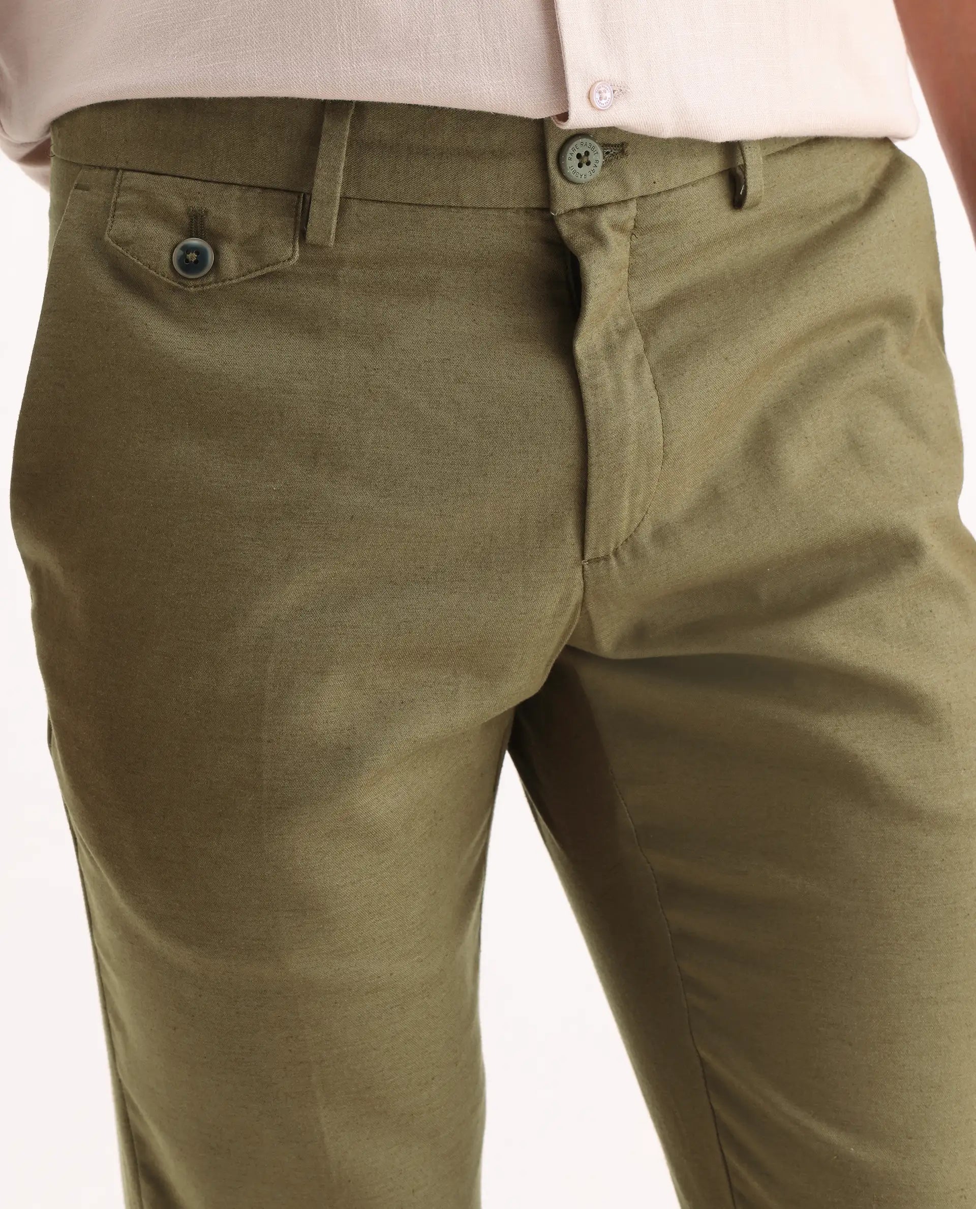 Rare Rabbit Men's Cameo Olive Linen Plain Regular Fit Trouser