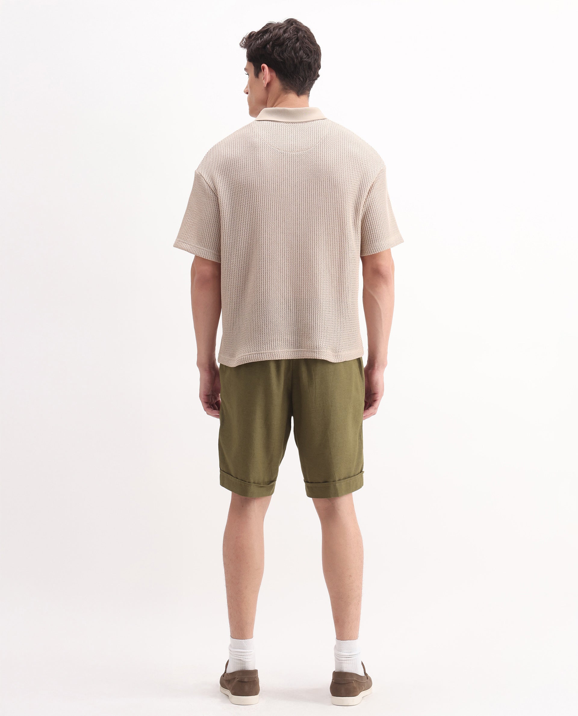 Rare Rabbit Men's Camer Olive 100% Linen Plain Regular Fit Shorts