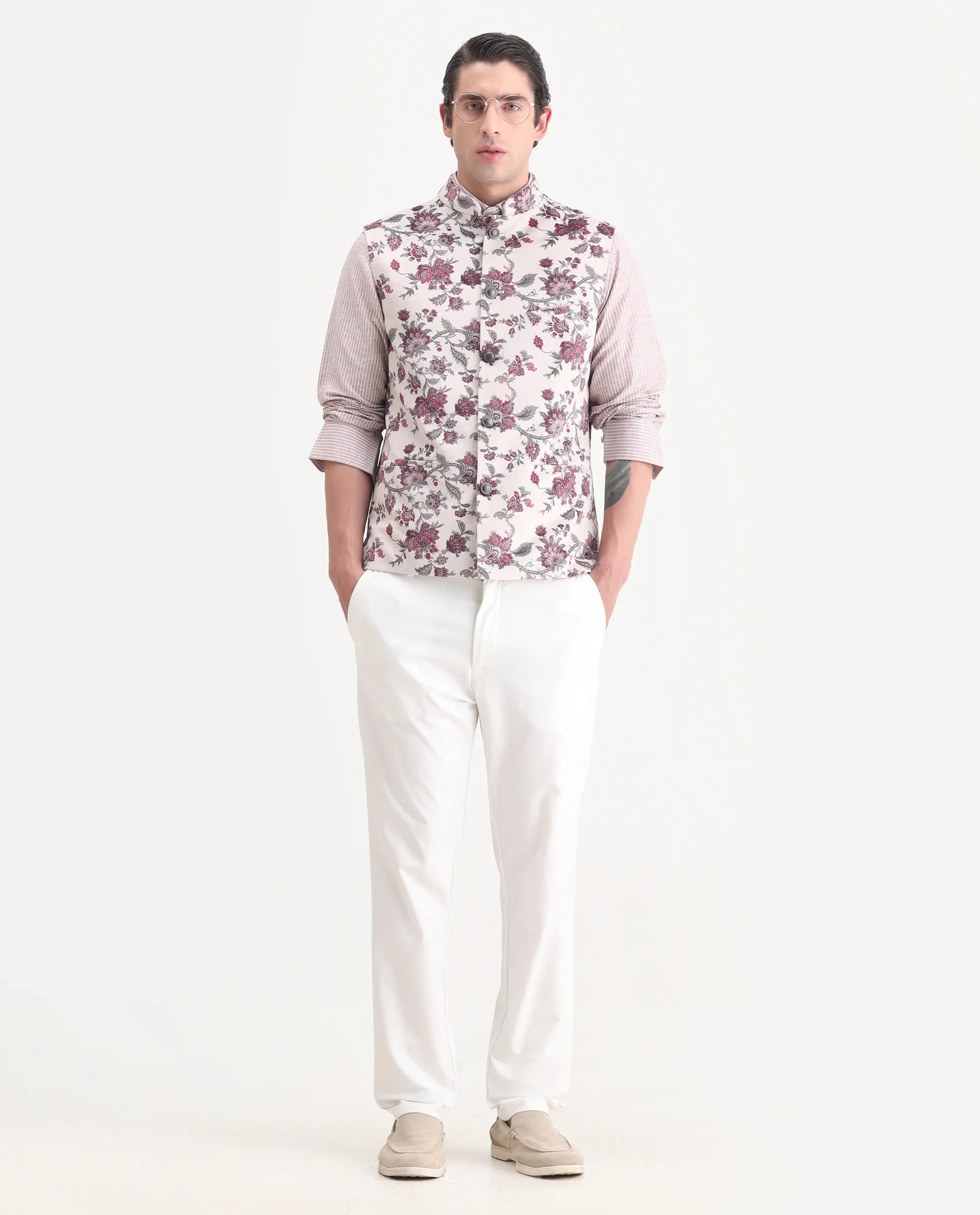 Rare Rabbit Men's Camero Light Beige Velvet Floral Print Tailored Fit Sleeveless Mandarin Collar Bandhgala