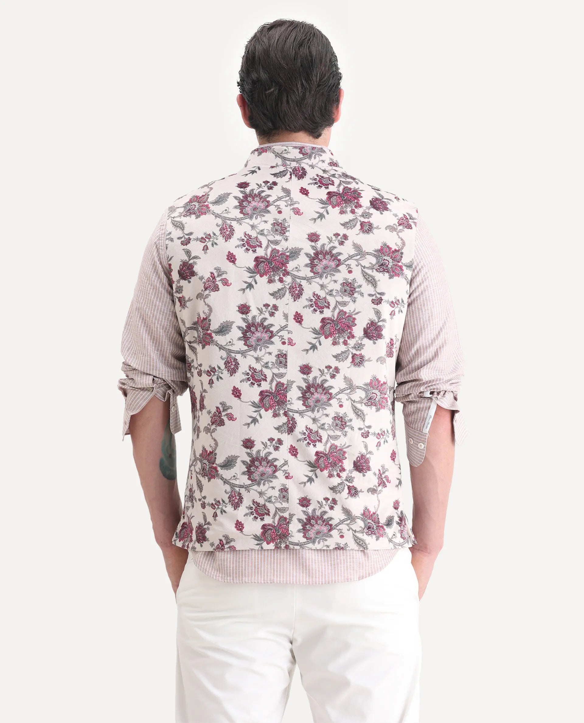 Rare Rabbit Men's Camero Light Beige Velvet Floral Print Tailored Fit Sleeveless Mandarin Collar Bandhgala