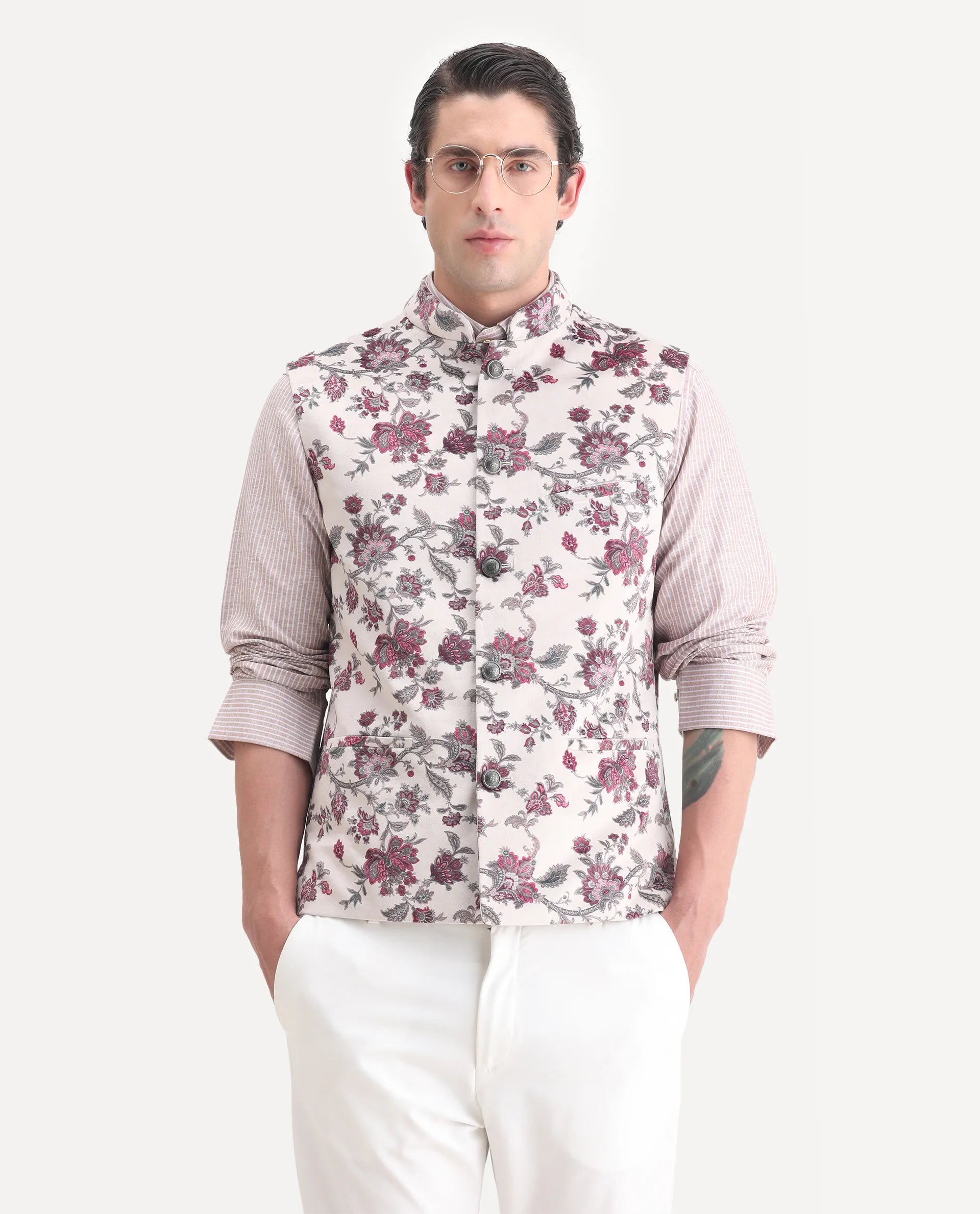 Rare Rabbit Men's Camero Light Beige Velvet Floral Print Tailored Fit Sleeveless Mandarin Collar Bandhgala