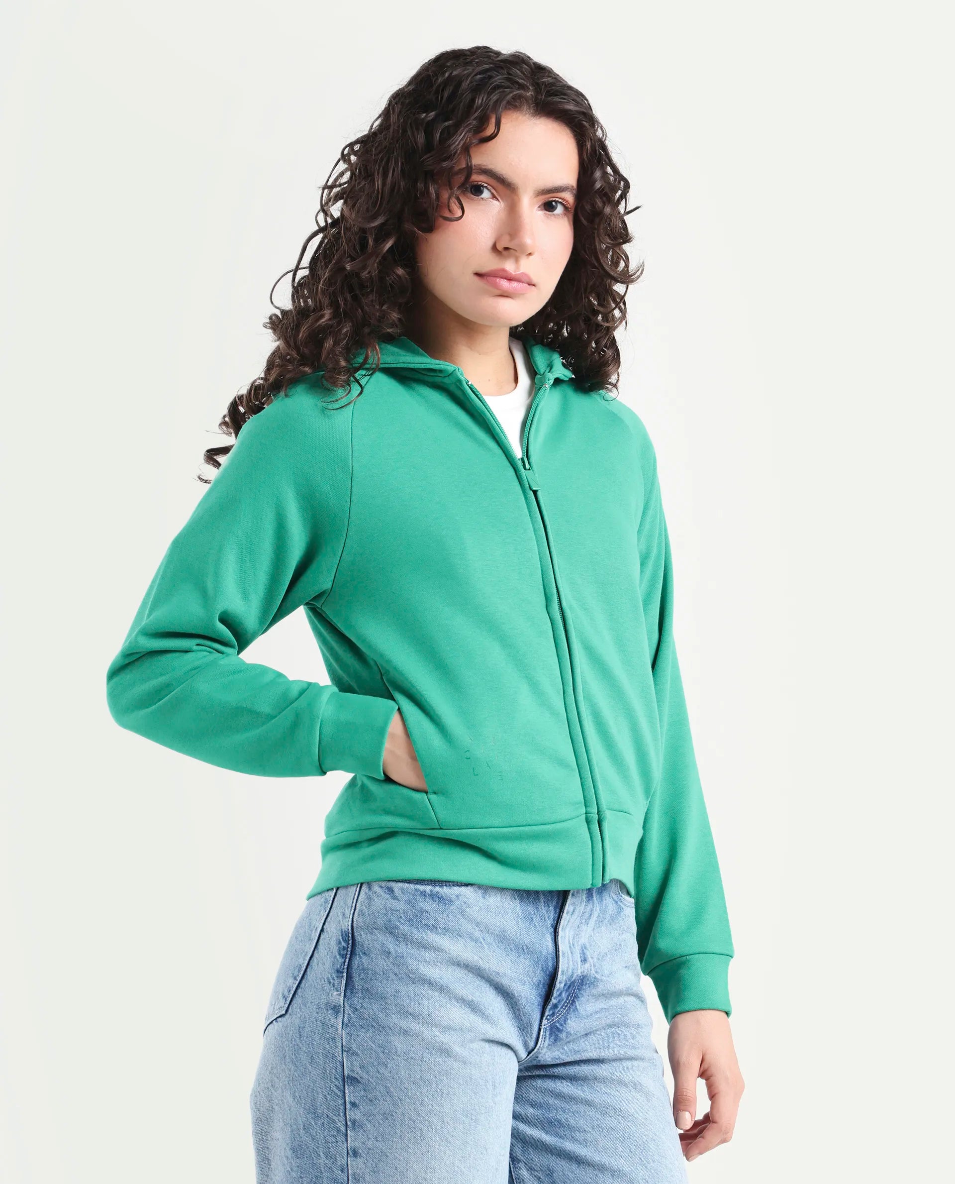 Rareism Women's Medium Weight Terry 290 Gsm Cotton Blend Hooded Plain Regular Fit Jacket