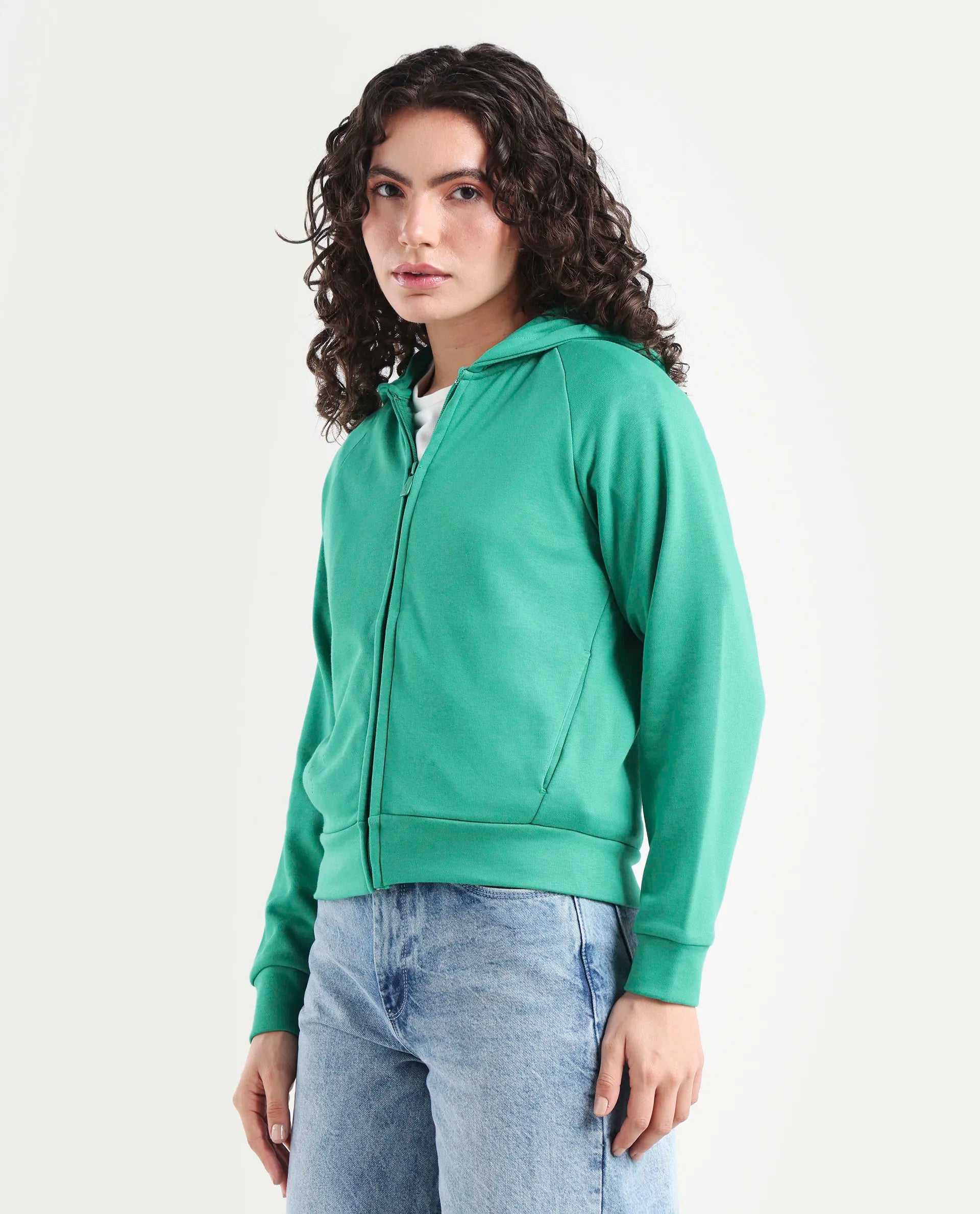 Rareism Women's Medium Weight Terry 290 Gsm Cotton Blend Hooded Plain Regular Fit Jacket
