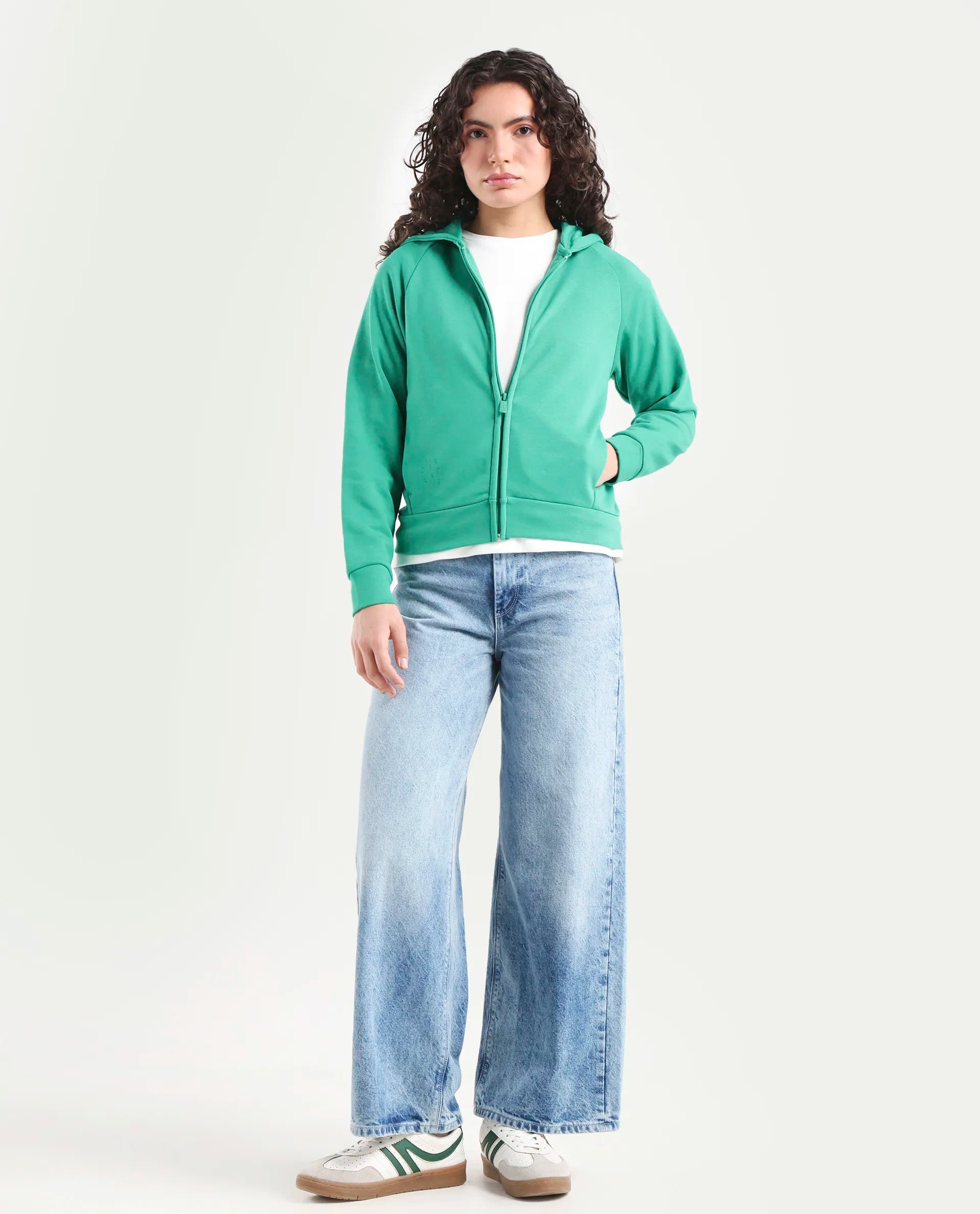Rareism Women's Medium Weight Terry 290 Gsm Cotton Blend Hooded Plain Regular Fit Jacket
