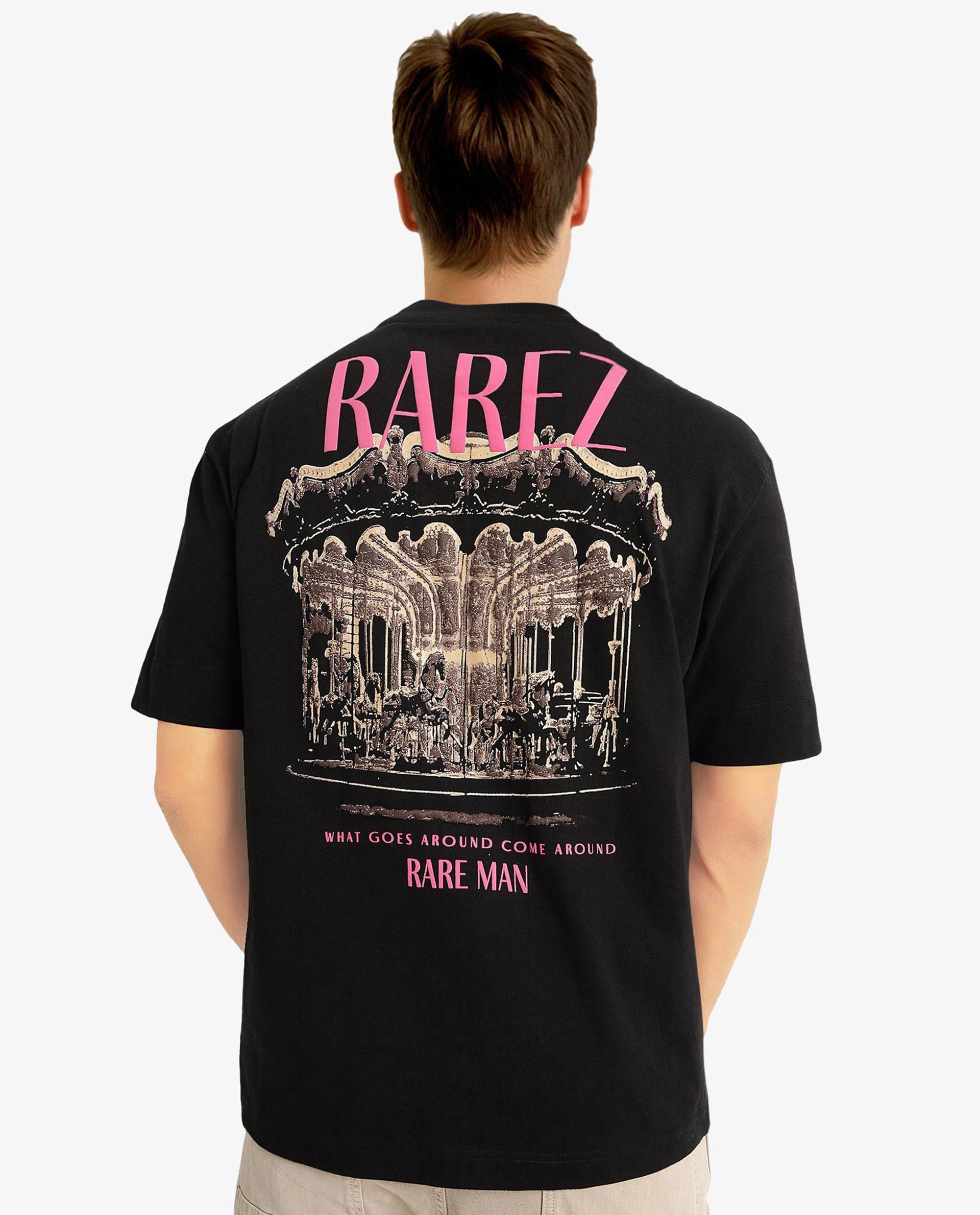 Rare Rabbit Men Carl Black Cotton Fabric Short Sleeve Crew Neck Oversized Fit Graphic Back Print T-Shirt