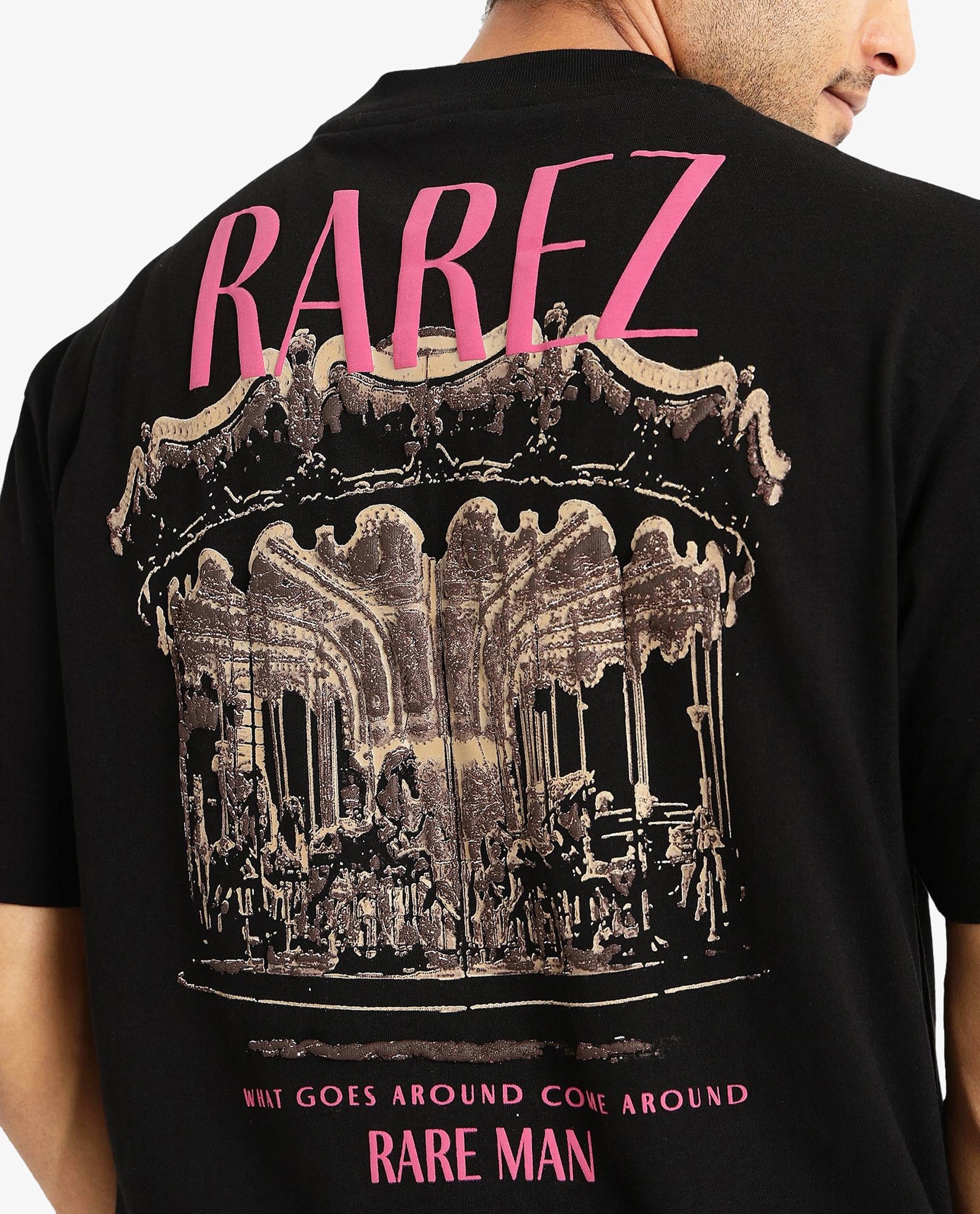 Rare Rabbit Men Carl Black Cotton Fabric Short Sleeve Crew Neck Oversized Fit Graphic Back Print T-Shirt