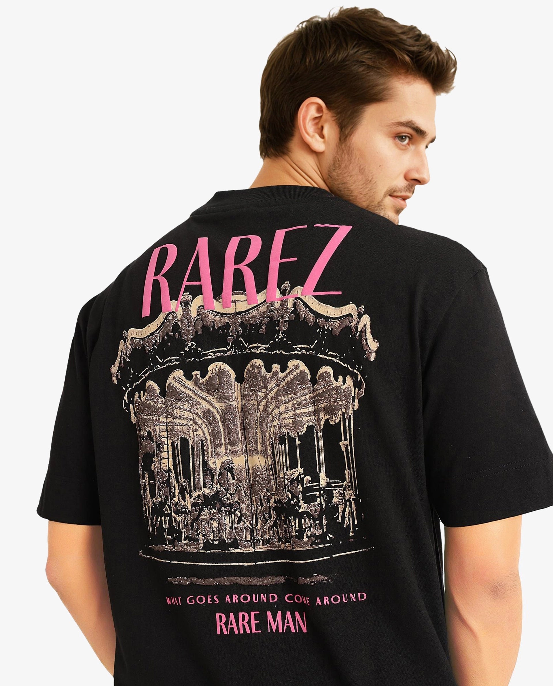 Rare Rabbit Men Carl Black Cotton Fabric Short Sleeve Crew Neck Oversized Fit Graphic Back Print T-Shirt