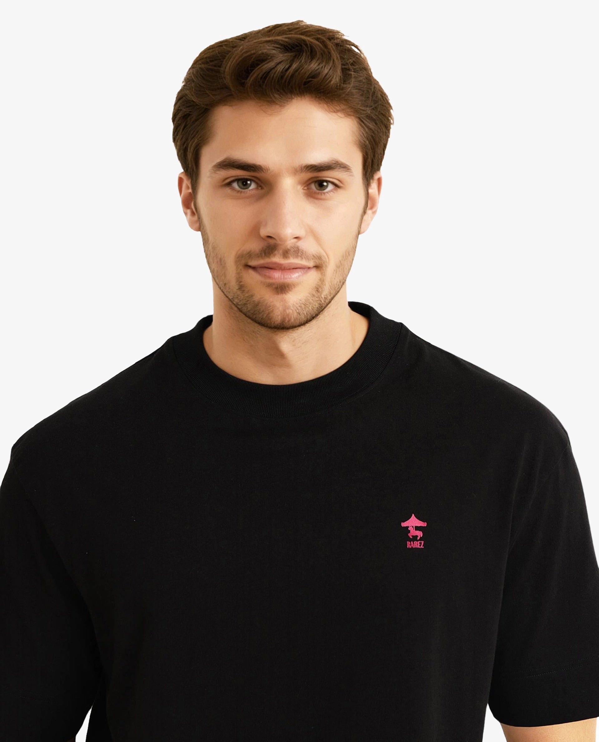 Rare Rabbit Men Carl Black Cotton Fabric Short Sleeve Crew Neck Oversized Fit Graphic Back Print T-Shirt