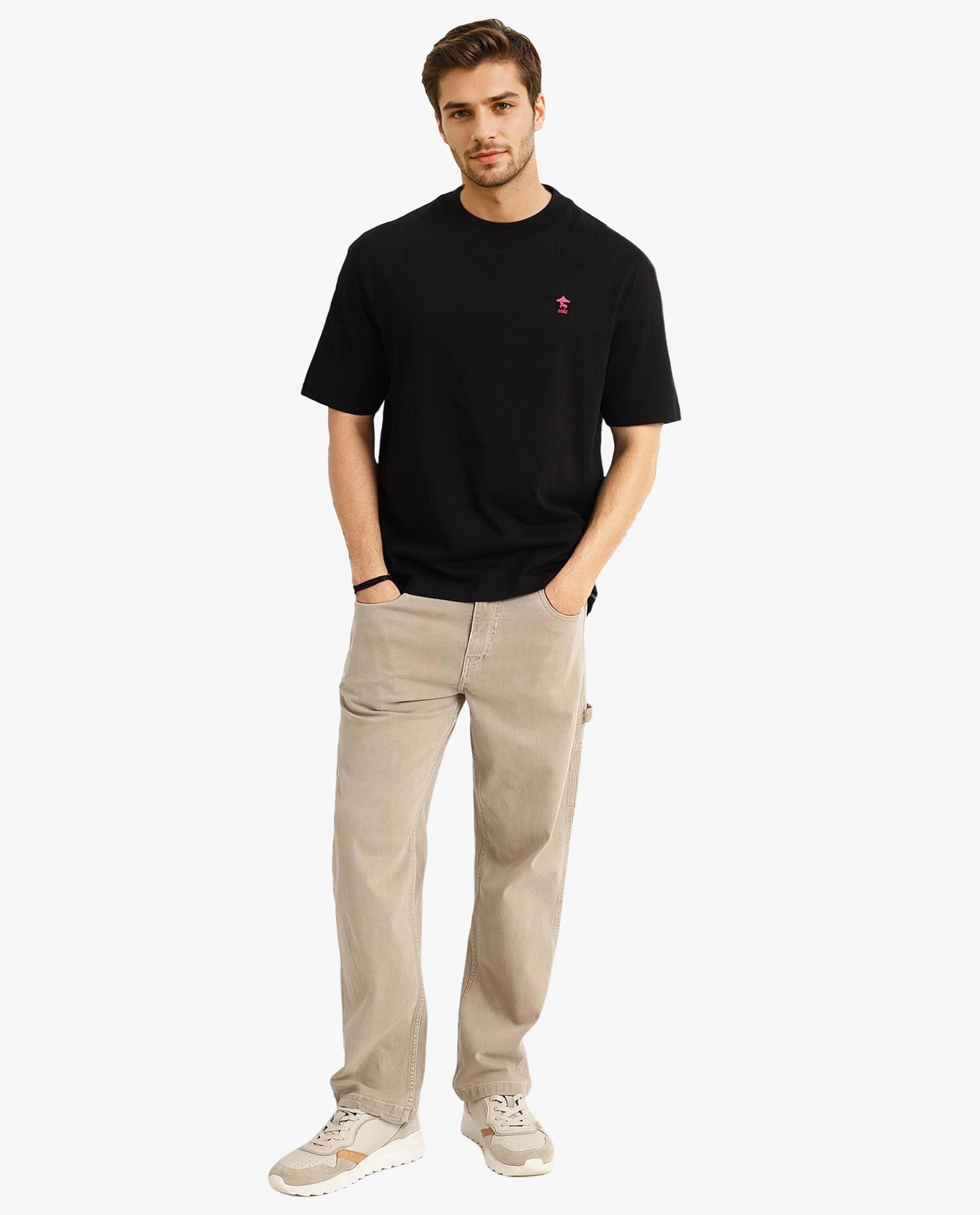 Rare Rabbit Men Carl Black Cotton Fabric Short Sleeve Crew Neck Oversized Fit Graphic Back Print T-Shirt