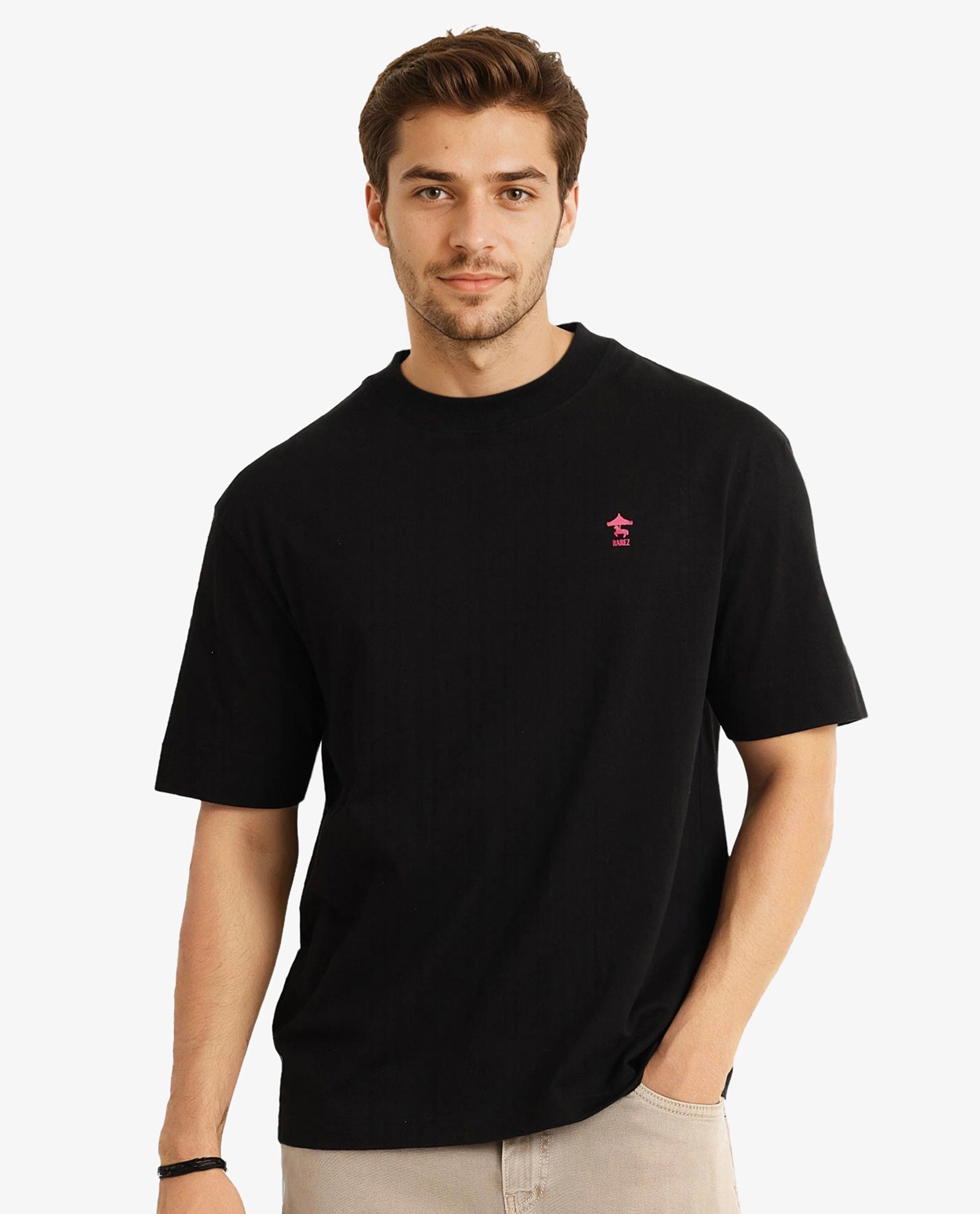 Rare Rabbit Men Carl Black Cotton Fabric Short Sleeve Crew Neck Oversized Fit Graphic Back Print T-Shirt