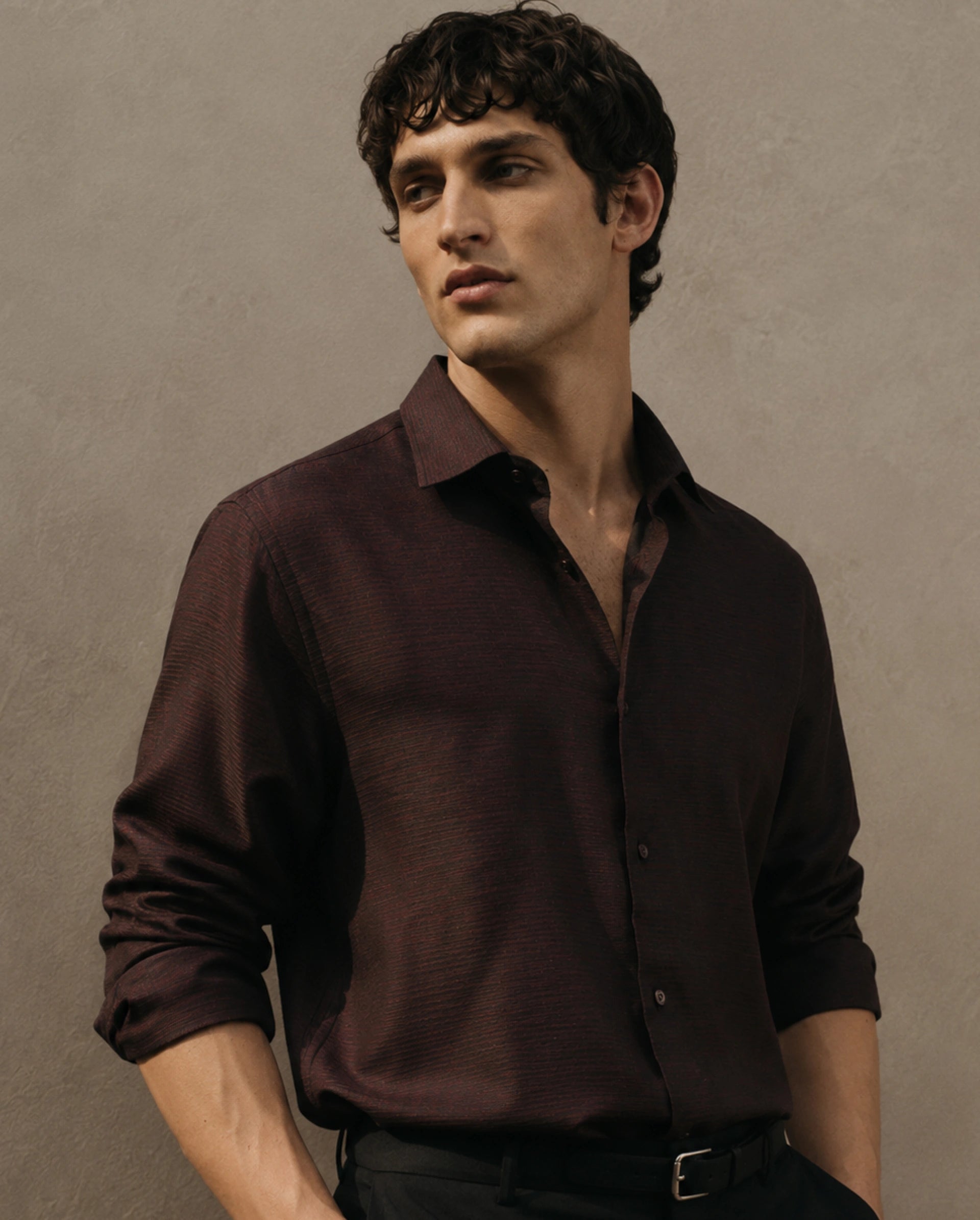 Rare Rabbit Men's Carl Maroon Polyester Blend Fabric Spread Collar Regular Fit Jacquard Shirt