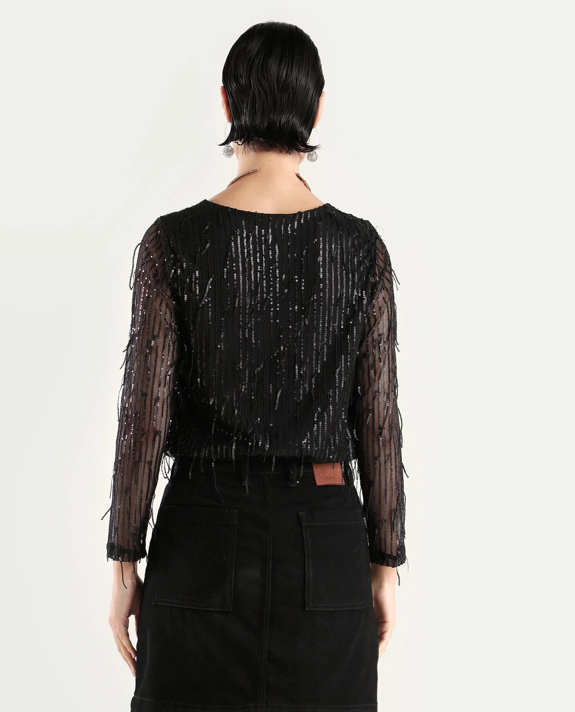 Rareism Women's Carm Metallic Black V-Neck Plain Relaxed Fit Top