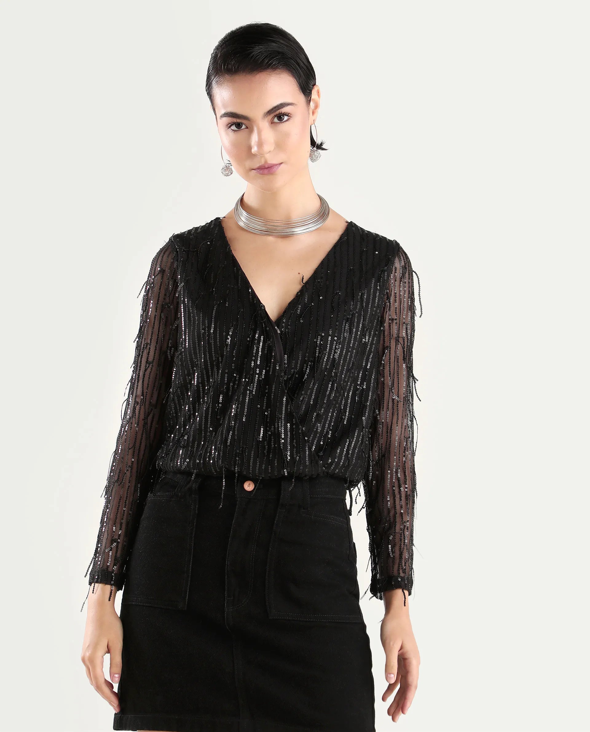 Rareism Women's Carm Metallic Black V-Neck Plain Relaxed Fit Top