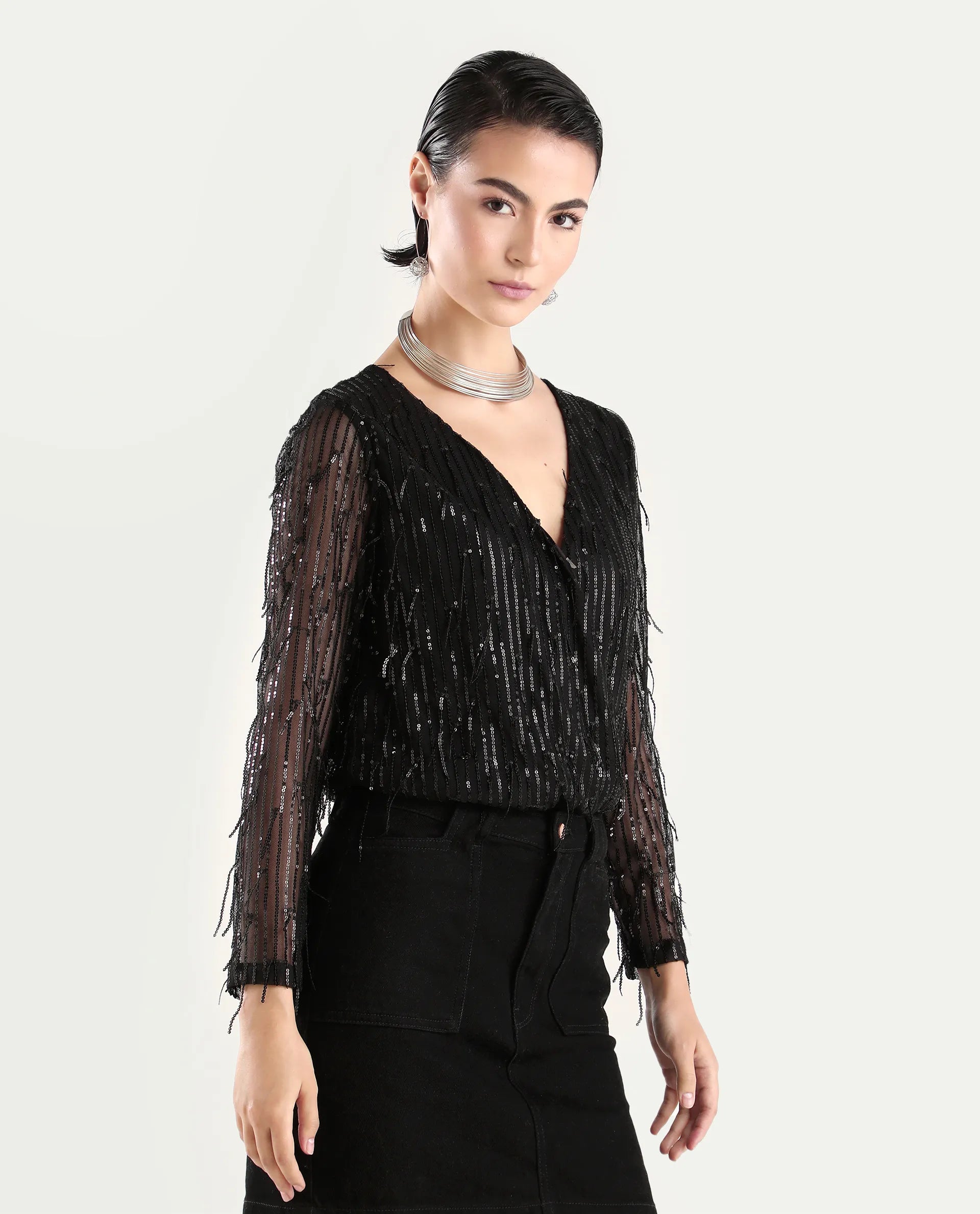 Rareism Women's Carm Metallic Black V-Neck Plain Relaxed Fit Top