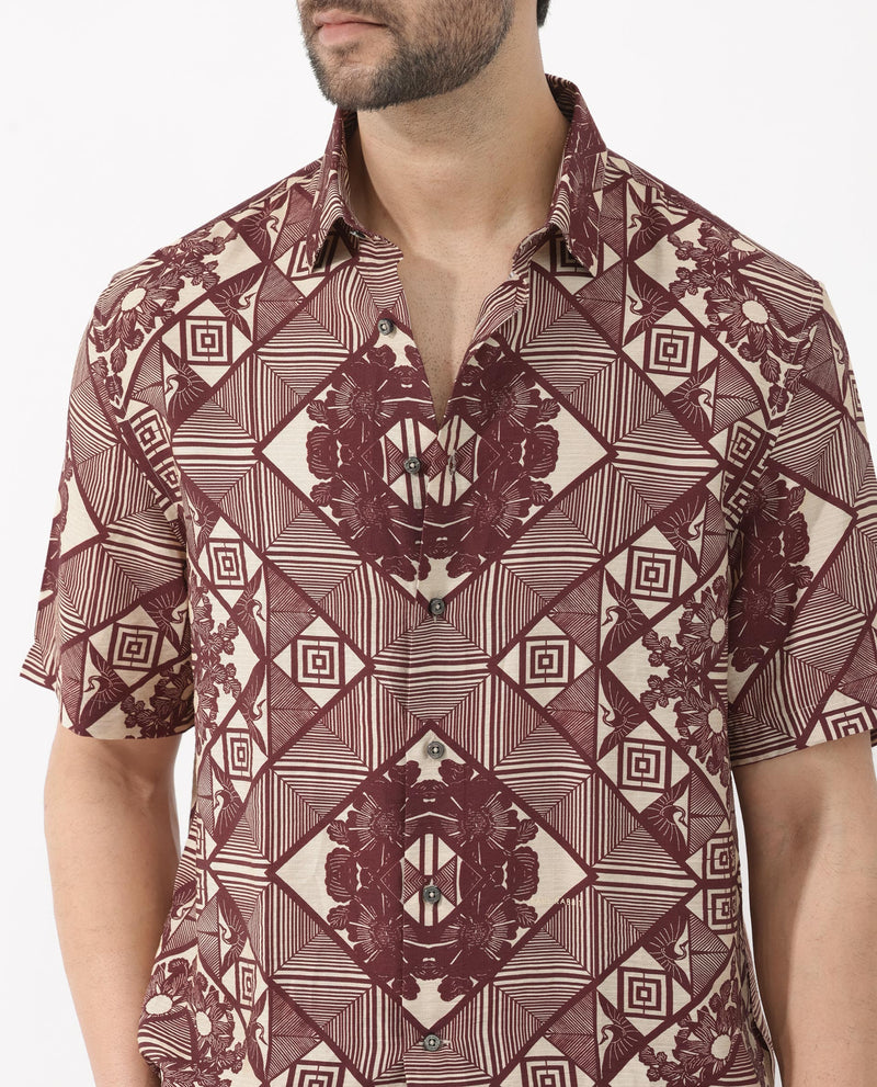 Rare Rabbit Men's Carno Dark Maroon Viscose Fabric Half Sleeves Boxy Fit Geometric Floral Print Shirt