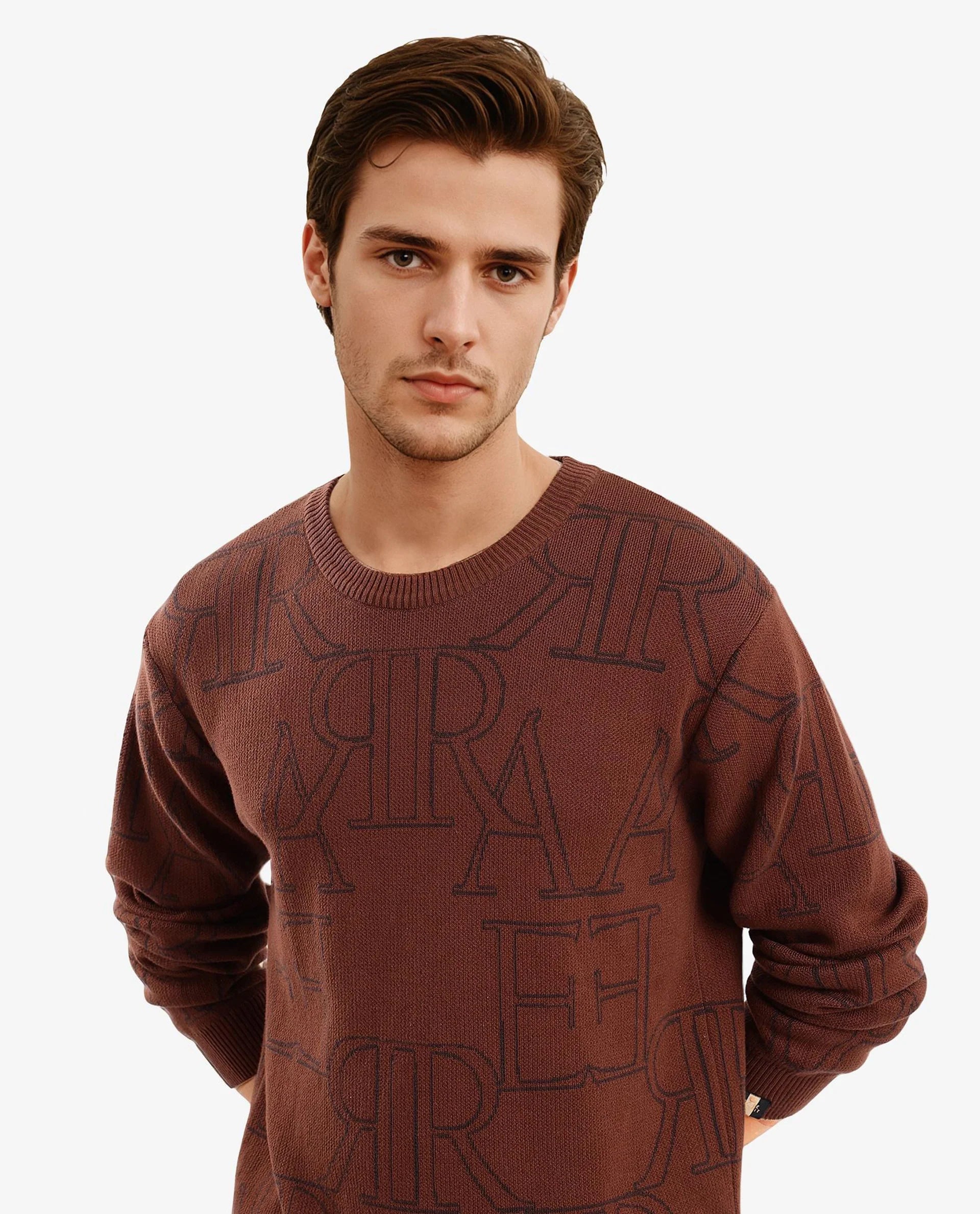 Rare Rabbit Men's Carrit Brown Cotton Fabric Full Sleeve Crew Neck Jacquard Sweater