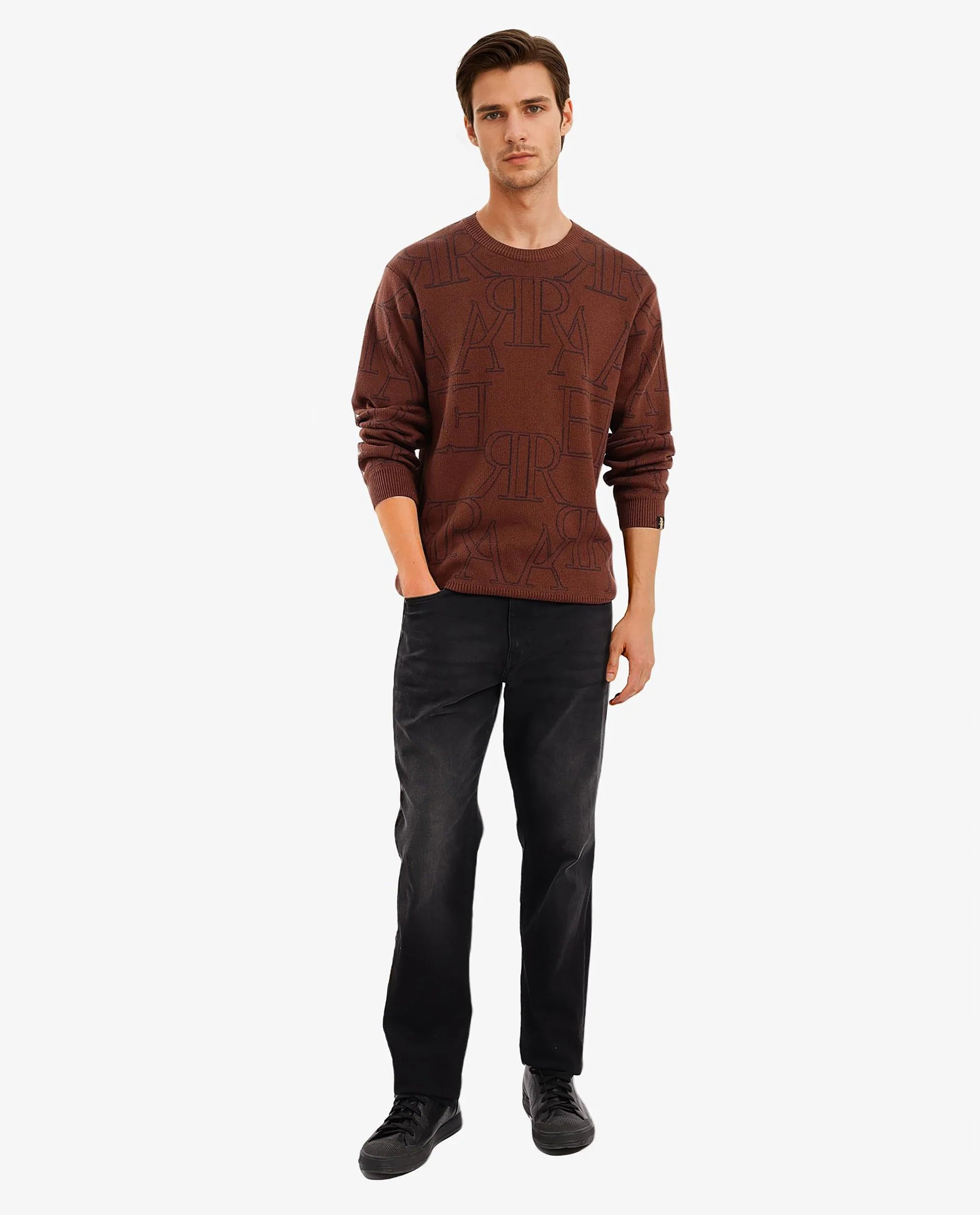 Rare Rabbit Men's Carrit Brown Cotton Fabric Full Sleeve Crew Neck Jacquard Sweater