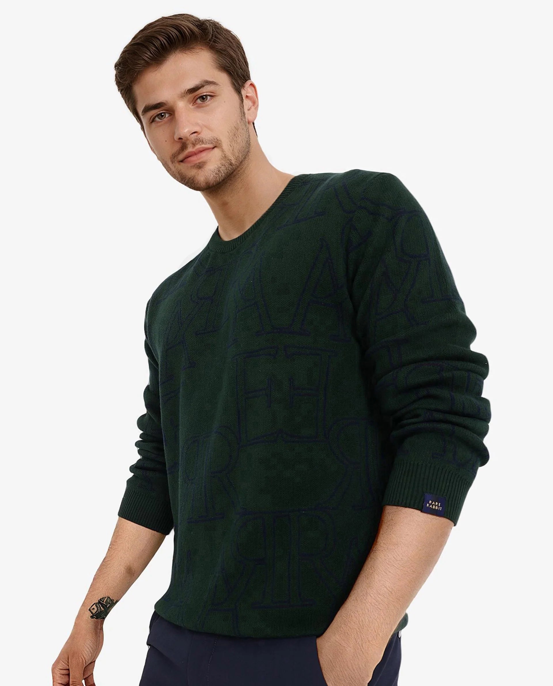 Rare Rabbit Men's Carrit Green Cotton Fabric Full Sleeve Crew Neck Regular Fit Monogram Jacquard Textured Sweater
