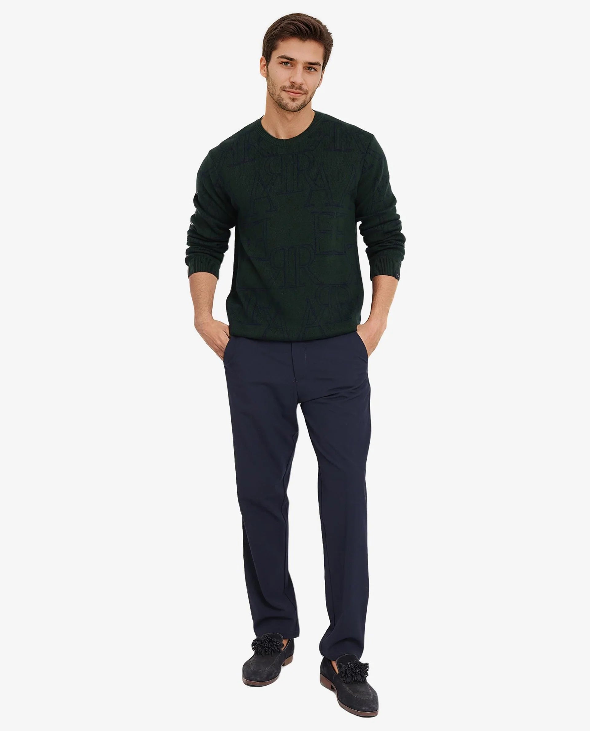 Rare Rabbit Men's Carrit Green Cotton Fabric Full Sleeve Crew Neck Regular Fit Monogram Jacquard Textured Sweater