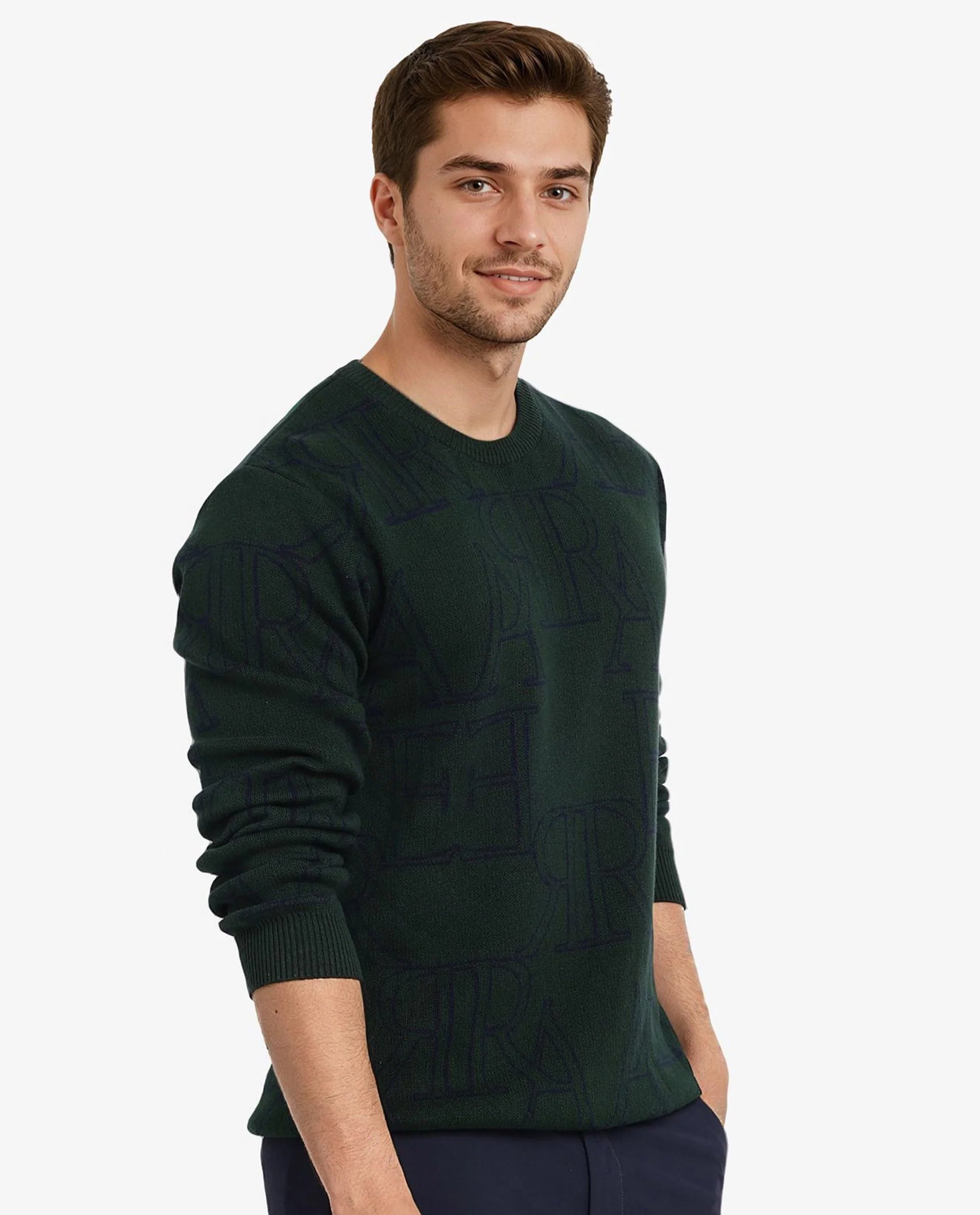 Rare Rabbit Men's Carrit Green Cotton Fabric Full Sleeve Crew Neck Regular Fit Monogram Jacquard Textured Sweater