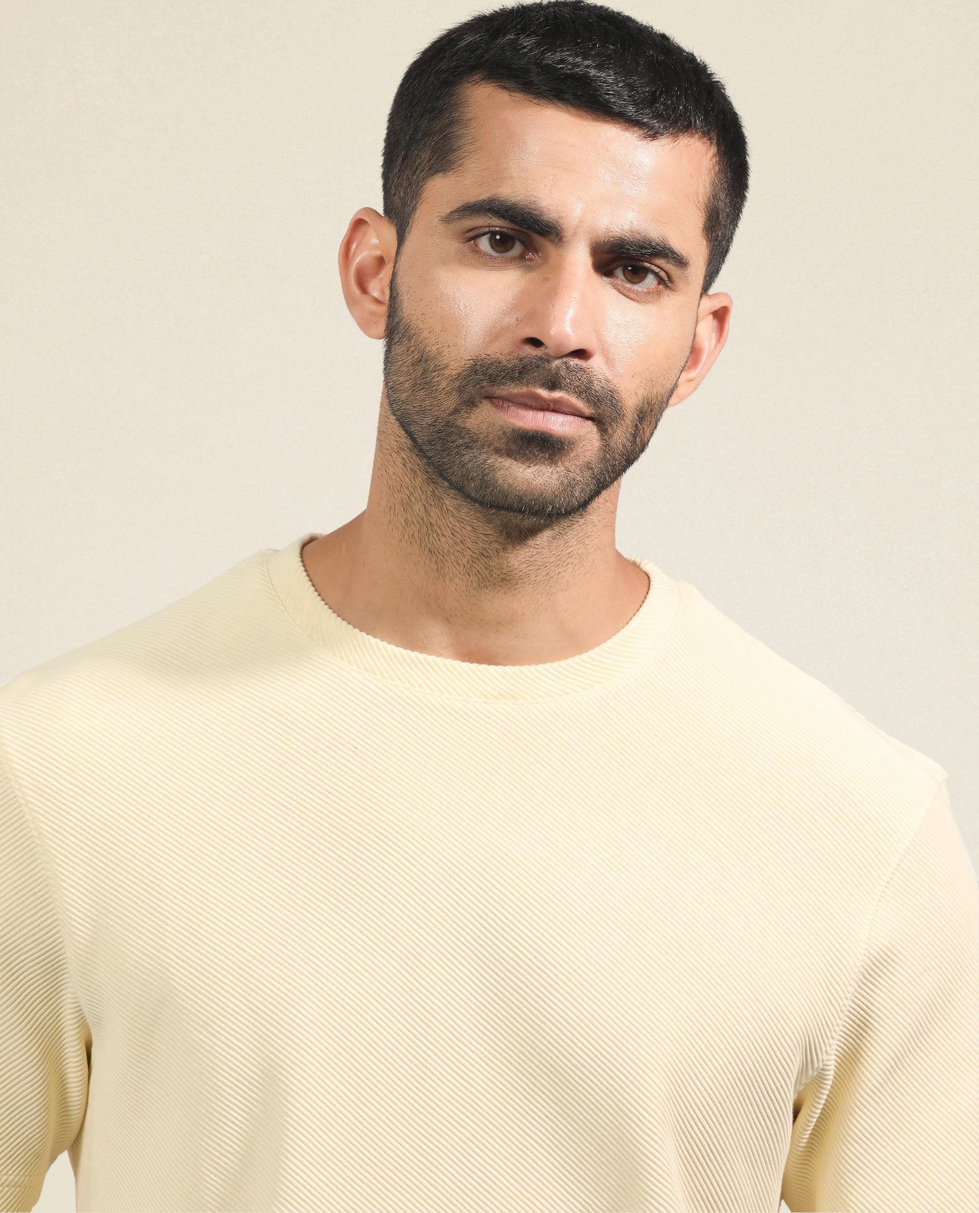 Rare Rabbit Men's Cas Light Yellow Crew Neck Ottoman Textured Drop Shoulder Half Sleeves T-Shirt