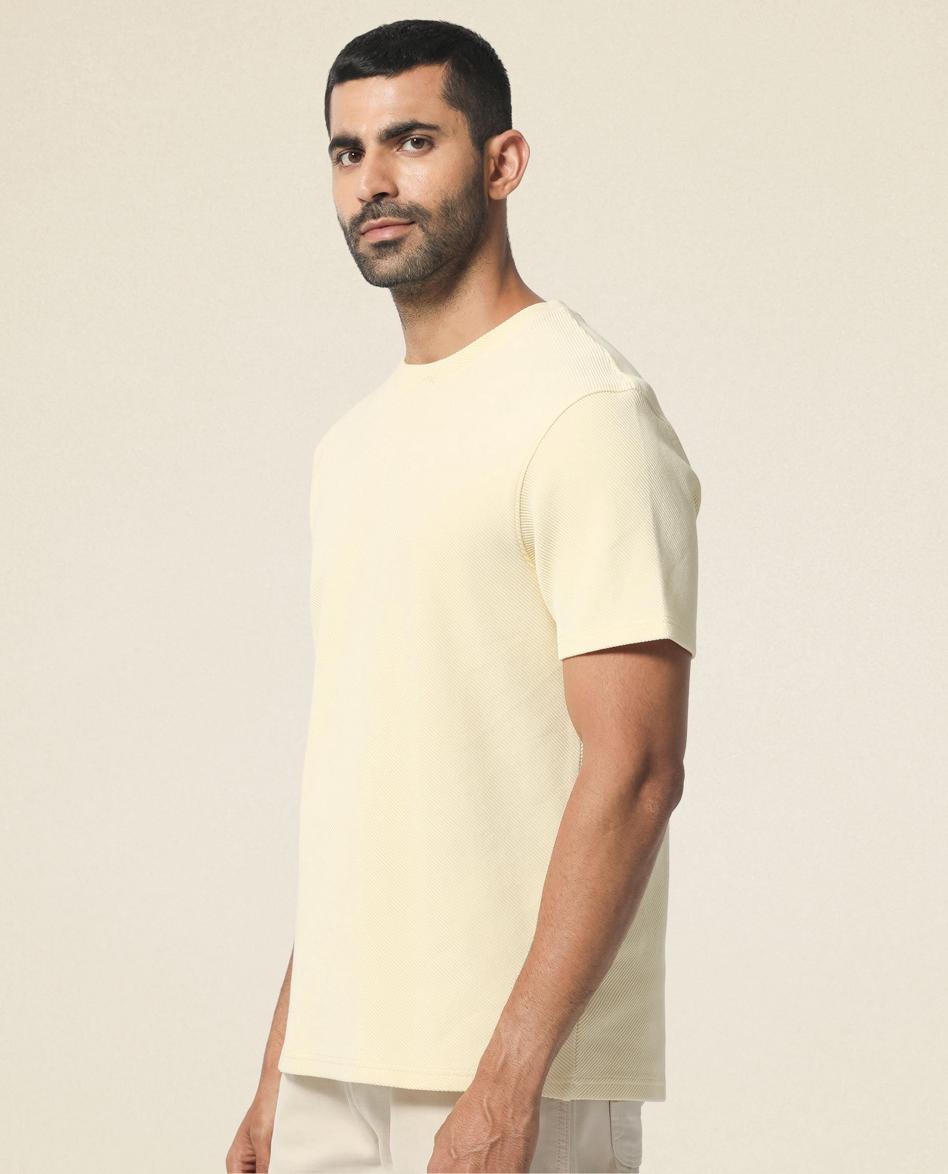 Rare Rabbit Men's Cas Light Yellow Crew Neck Ottoman Textured Drop Shoulder Half Sleeves T-Shirt