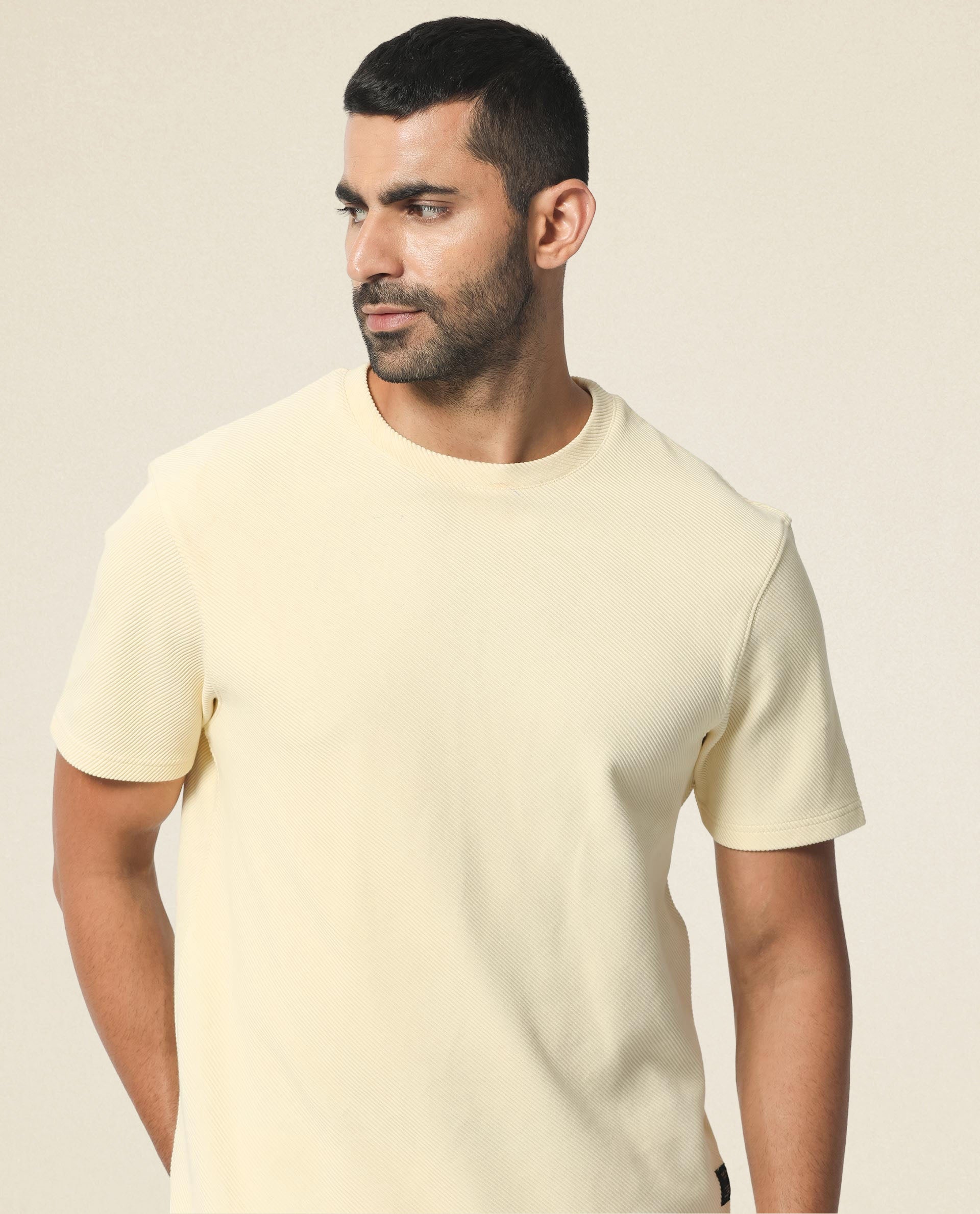Rare Rabbit Men's Cas Light Yellow Crew Neck Ottoman Textured Drop Shoulder Half Sleeves T-Shirt