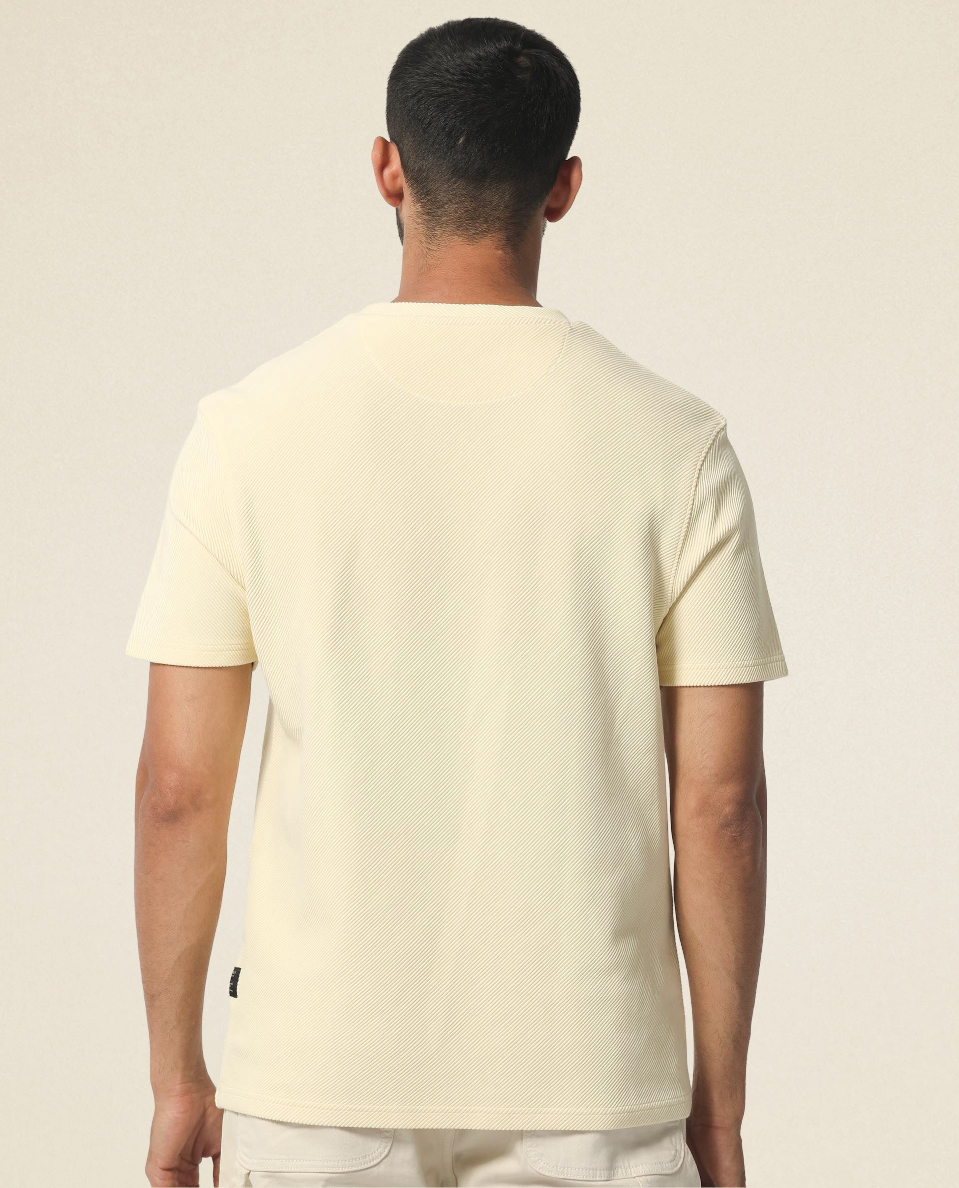 Rare Rabbit Men's Cas Light Yellow Crew Neck Ottoman Textured Drop Shoulder Half Sleeves T-Shirt